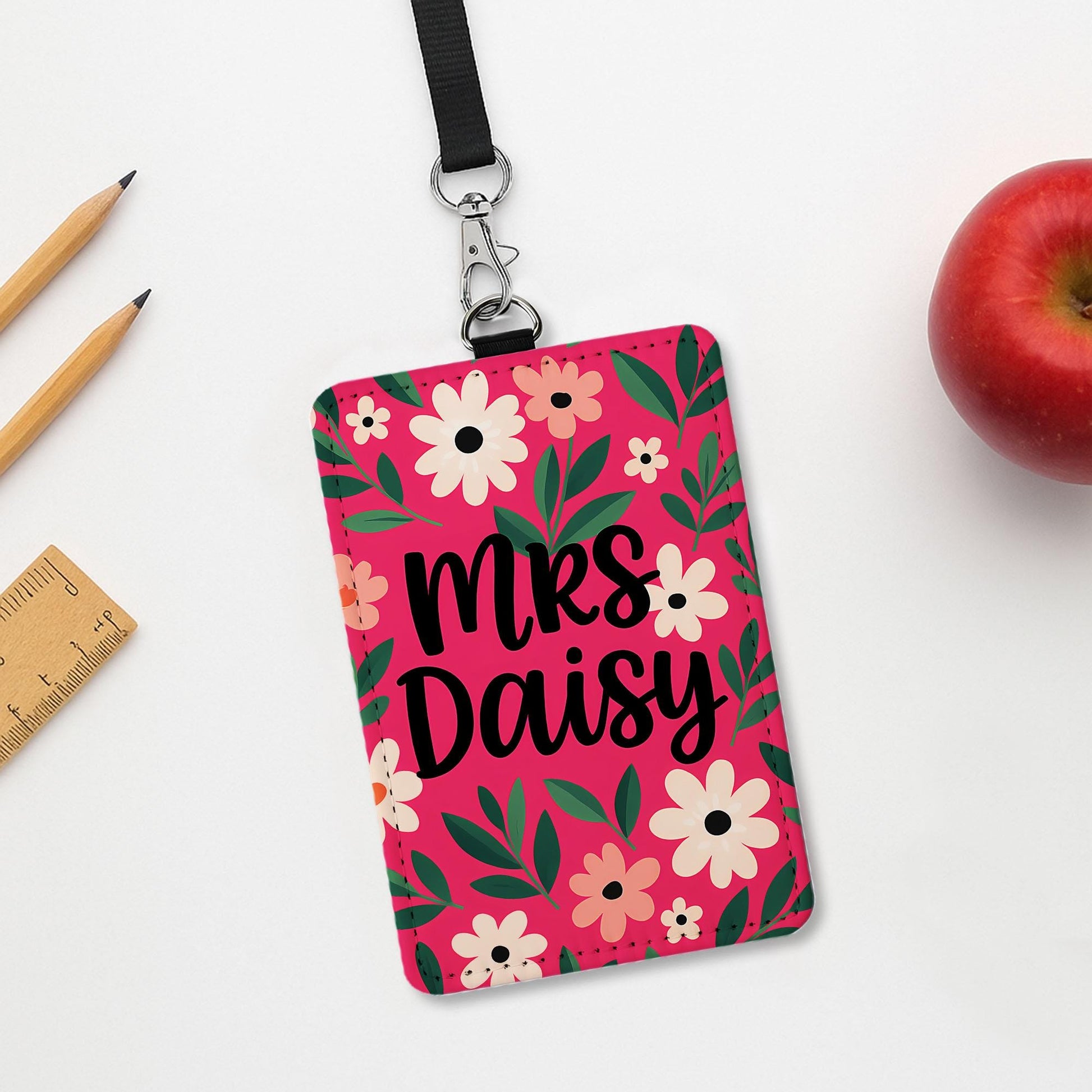 Floral Teacher ID Badge Holder, Personalized Name Tag for Teacher, Cute Pink Flower Lanyard Accessory for Classroom or School