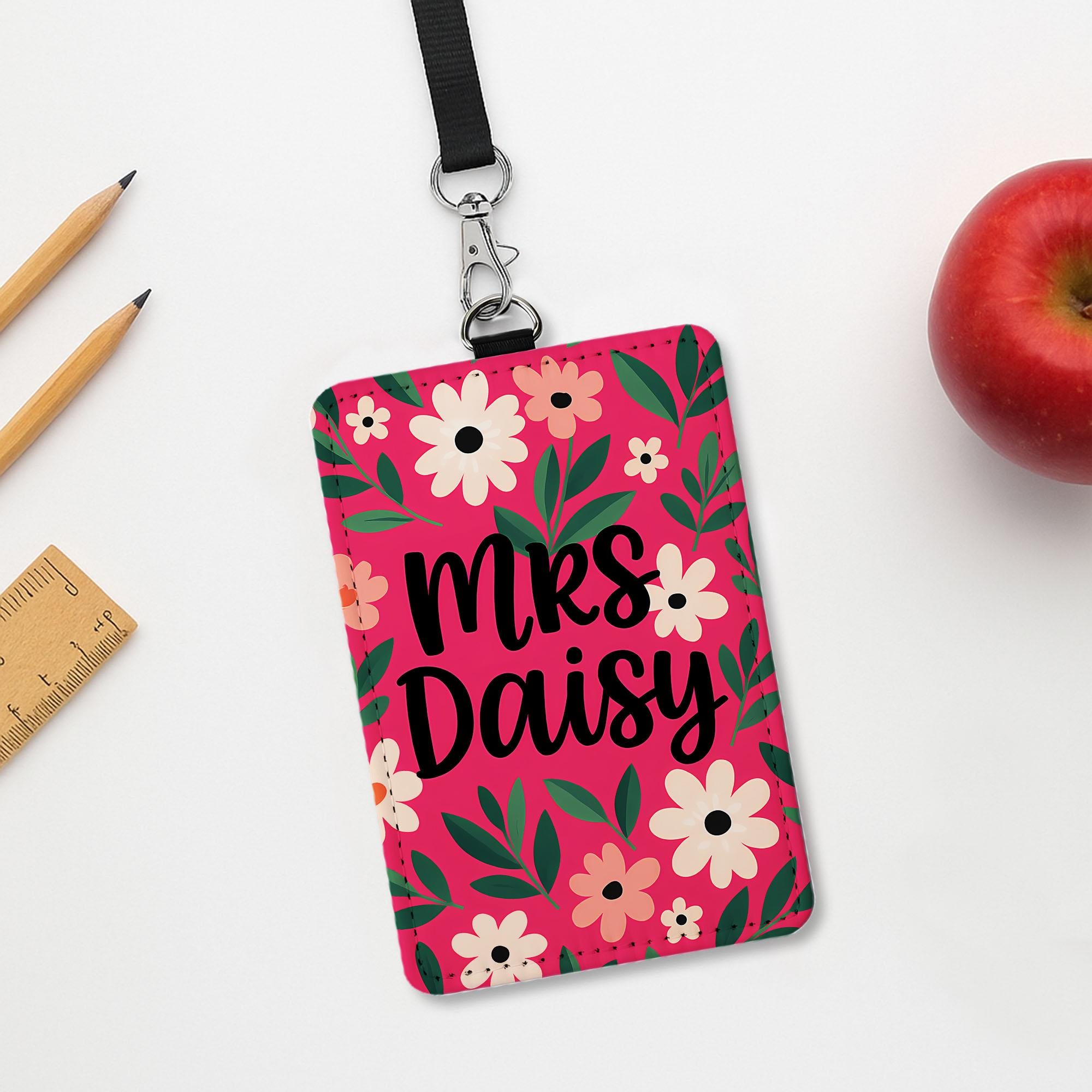 Floral Teacher ID Badge Holder, Personalized Name Tag for Teacher, Cute Pink Flower Lanyard Accessory for Classroom or School