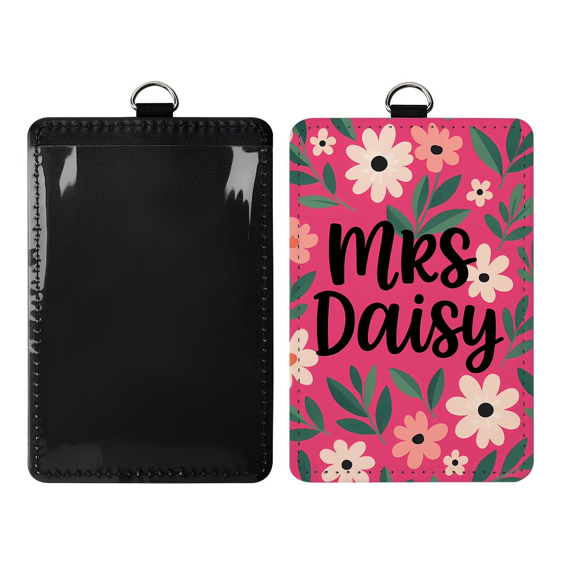 Floral Teacher ID Badge Holder, Personalized Name Tag for Teacher, Cute Pink Flower Lanyard Accessory for Classroom or School