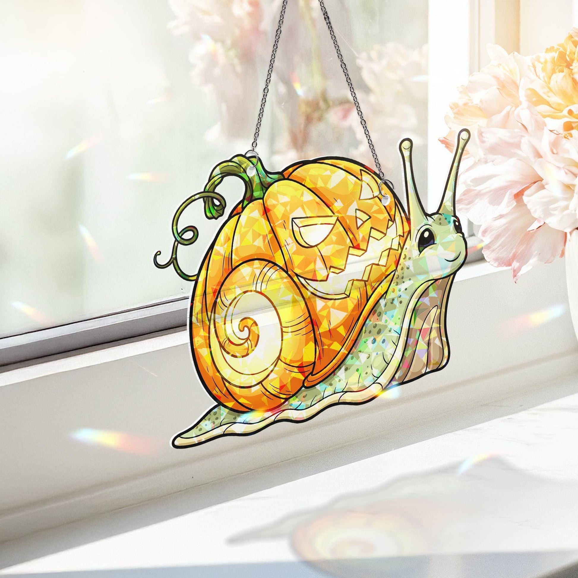 Halloween Snail Pumpkin Suncatcher - Cute Jack O Lantern Window Decor, Fall Glass Ornament