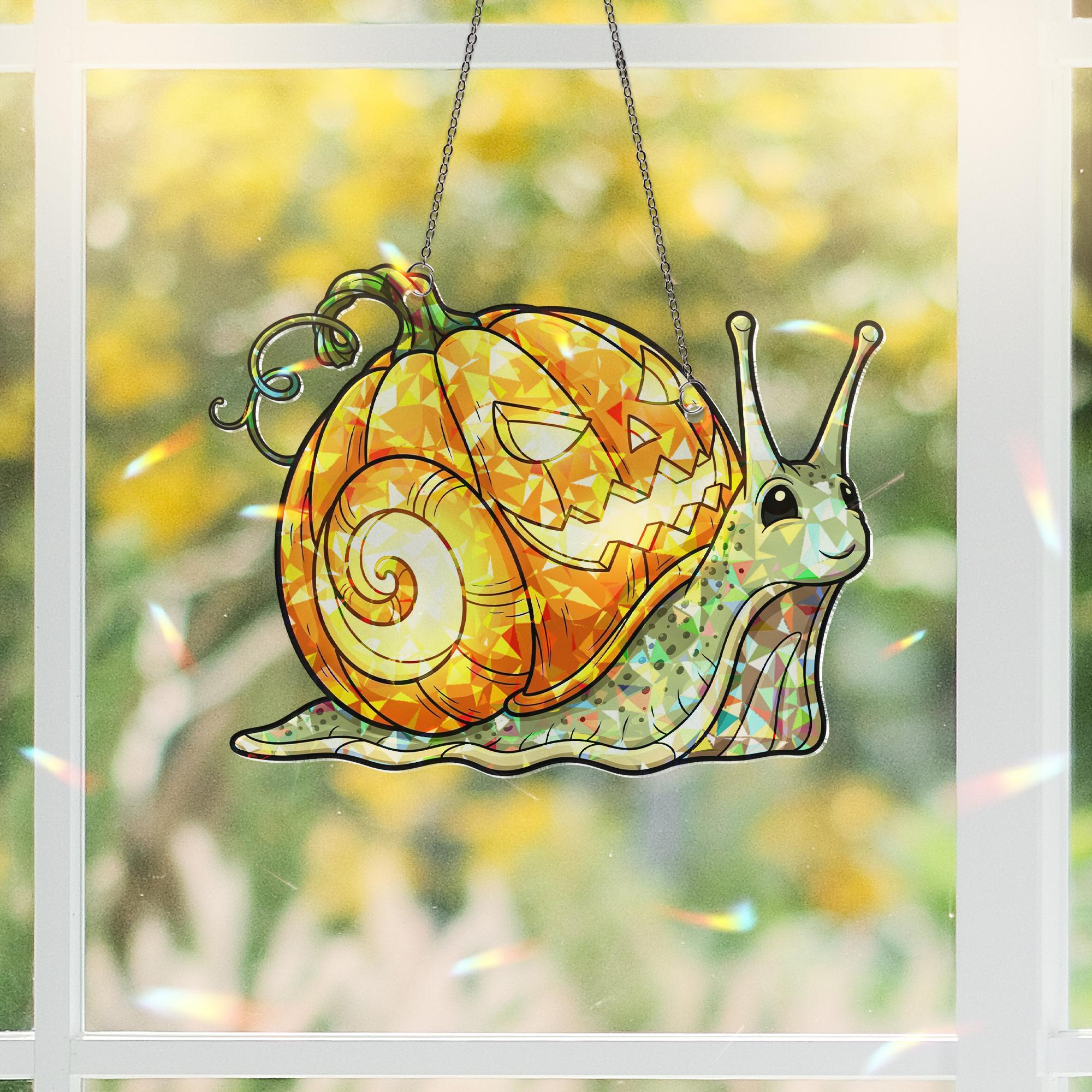 Halloween Snail Pumpkin Suncatcher - Cute Jack O Lantern Window Decor, Fall Glass Ornament