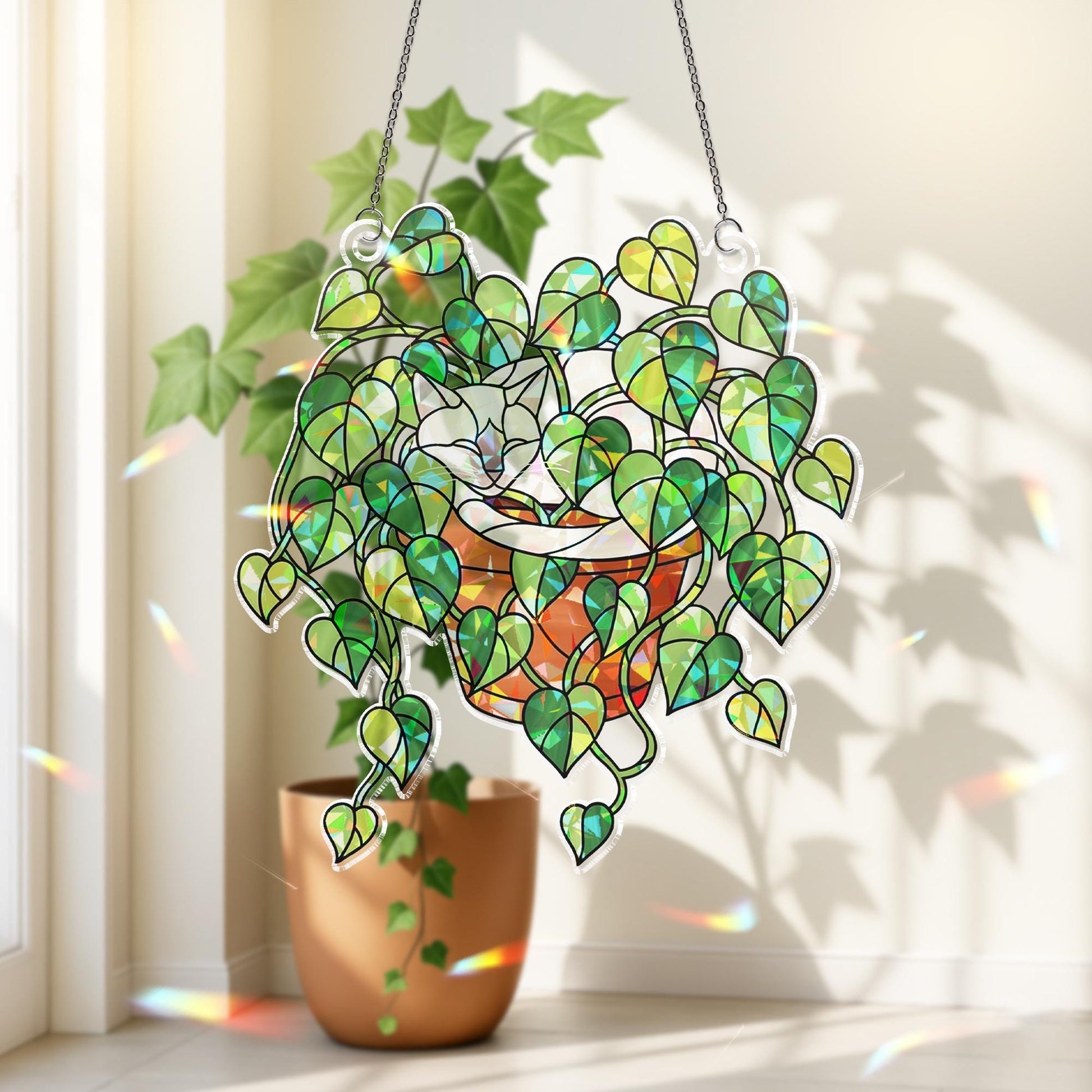 Siamese Cat Sleeping in Porthos Leaves Plant Hologram Ornament – Siamese Cat Hanging in Heart Leaf Vine – Window Decor for Plant, Cat Lovers
