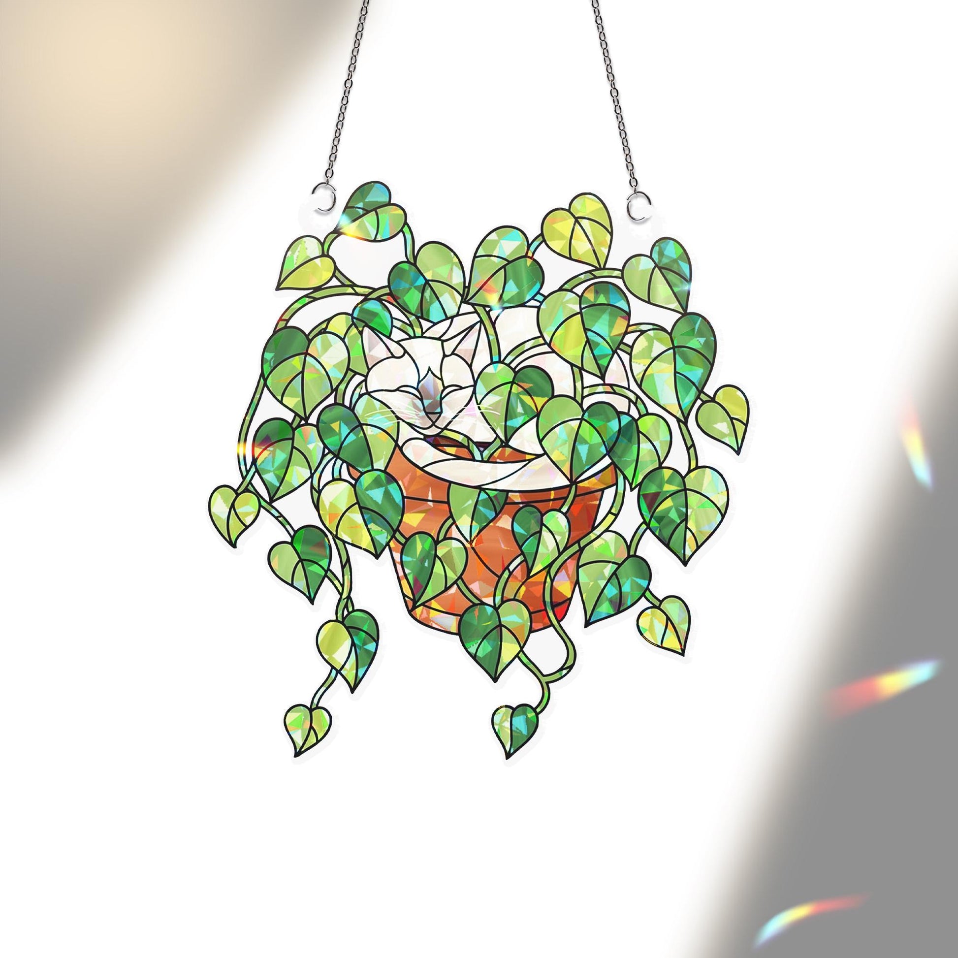 Siamese Cat Sleeping in Porthos Leaves Plant Hologram Ornament – Siamese Cat Hanging in Heart Leaf Vine – Window Decor for Plant, Cat Lovers