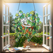 Siamese Cat Sleeping in Porthos Leaves Plant Hologram Ornament – Siamese Cat Hanging in Heart Leaf Vine – Window Decor for Plant, Cat Lovers