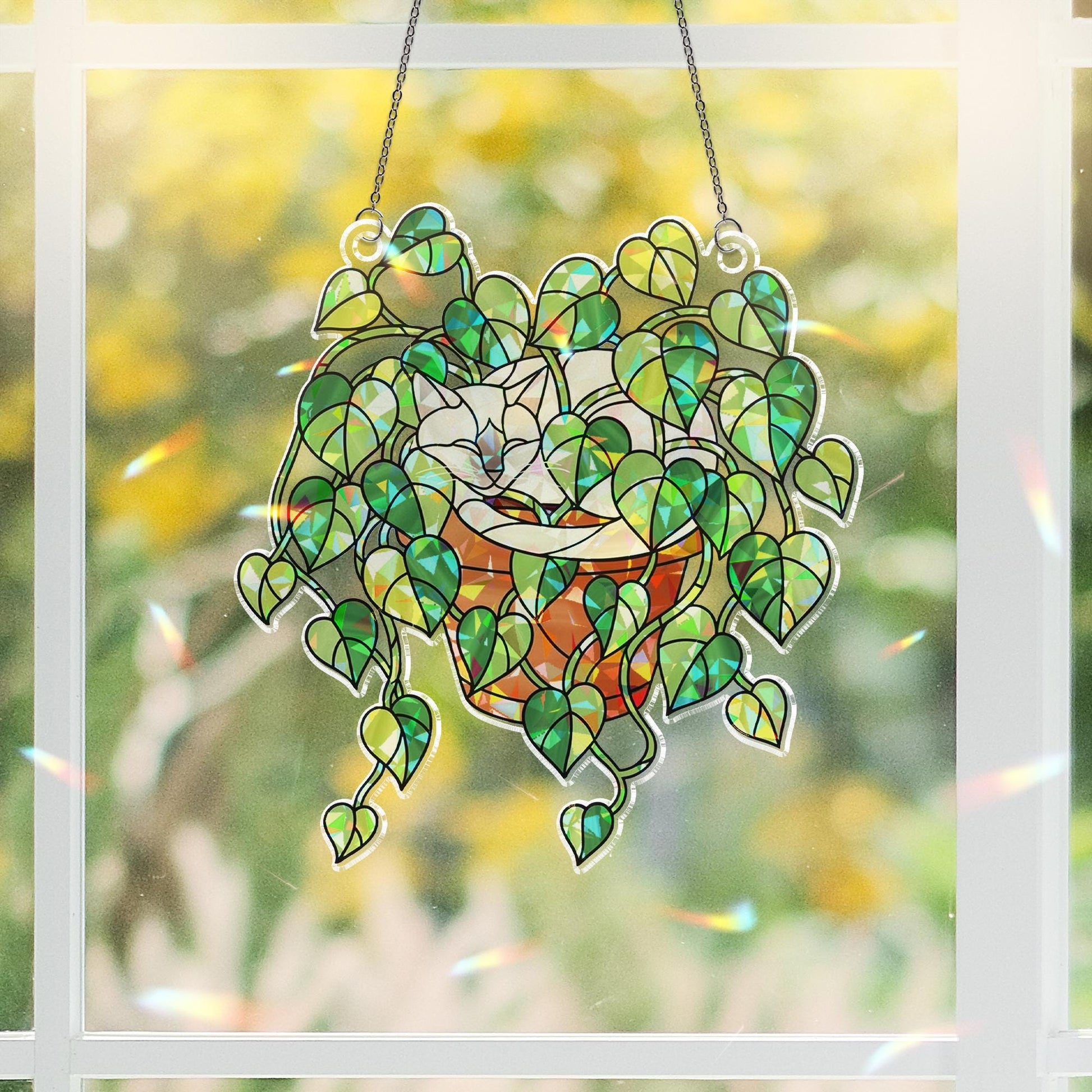 Siamese Cat Sleeping in Porthos Leaves Plant Hologram Ornament – Siamese Cat Hanging in Heart Leaf Vine – Window Decor for Plant, Cat Lovers