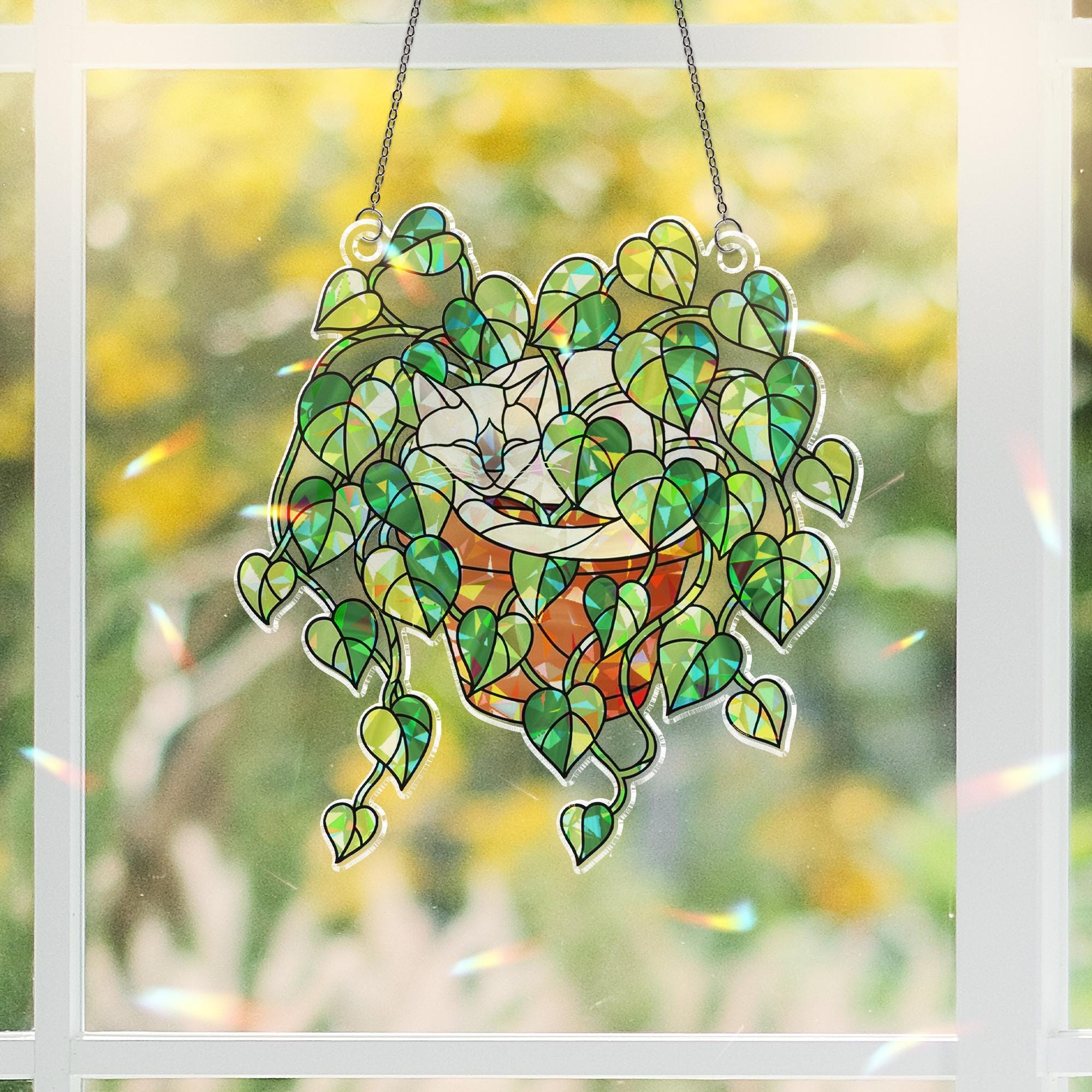 Siamese Cat Sleeping in Porthos Leaves Plant Hologram Ornament – Siamese Cat Hanging in Heart Leaf Vine – Window Decor for Plant, Cat Lovers