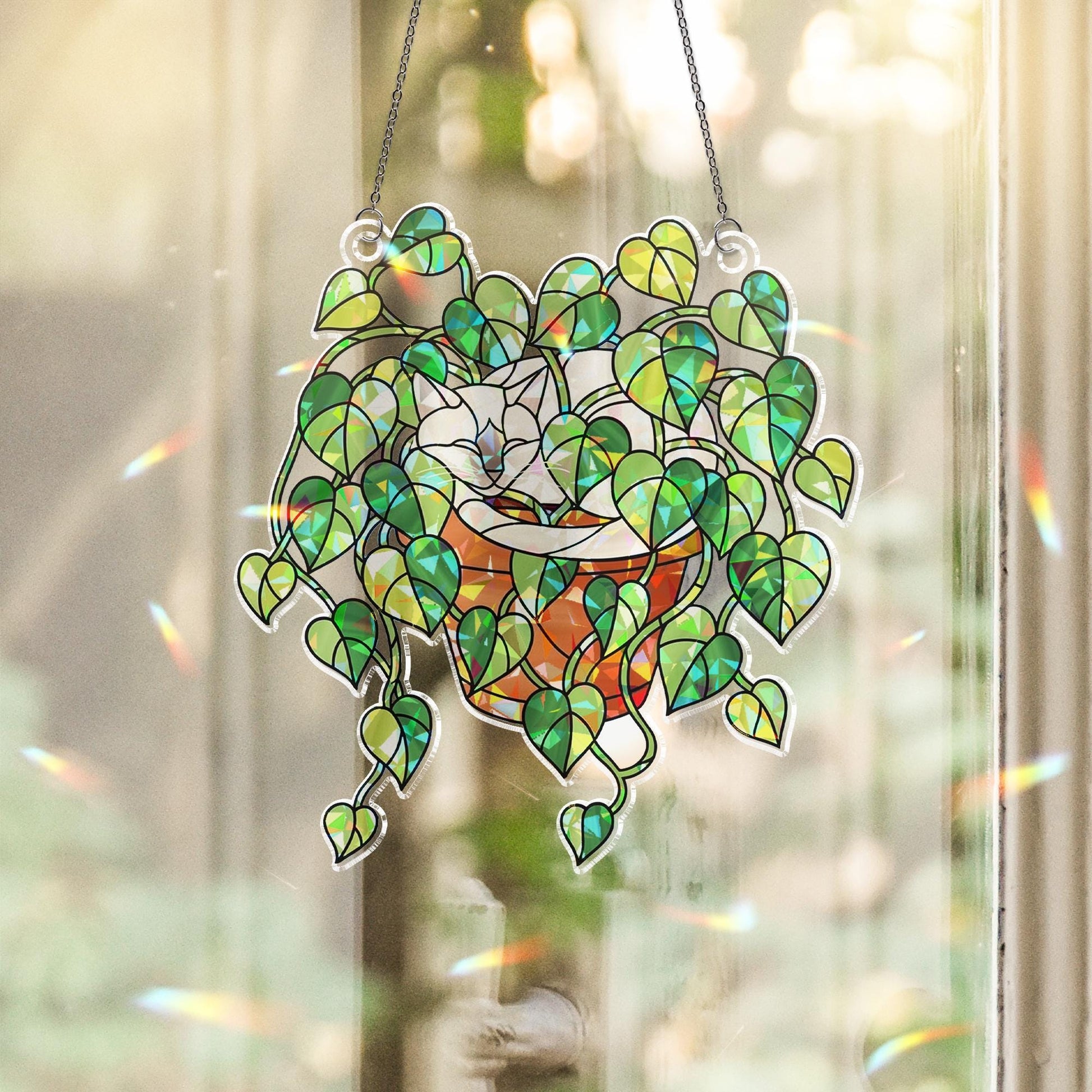 Siamese Cat Sleeping in Porthos Leaves Plant Hologram Ornament – Siamese Cat Hanging in Heart Leaf Vine – Window Decor for Plant, Cat Lovers