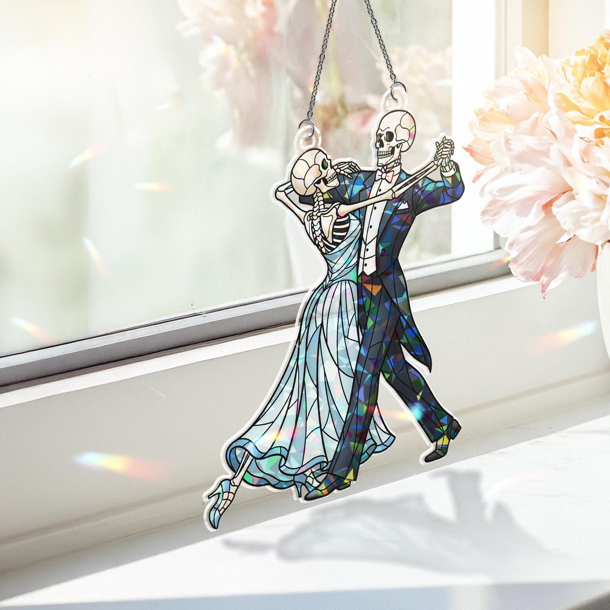 Dancing Skeleton Couple Suncatcher – Gothic Skeleton Wedding Window Hanging, Spooky Romance Halloween Decor, Stained Glass Style
