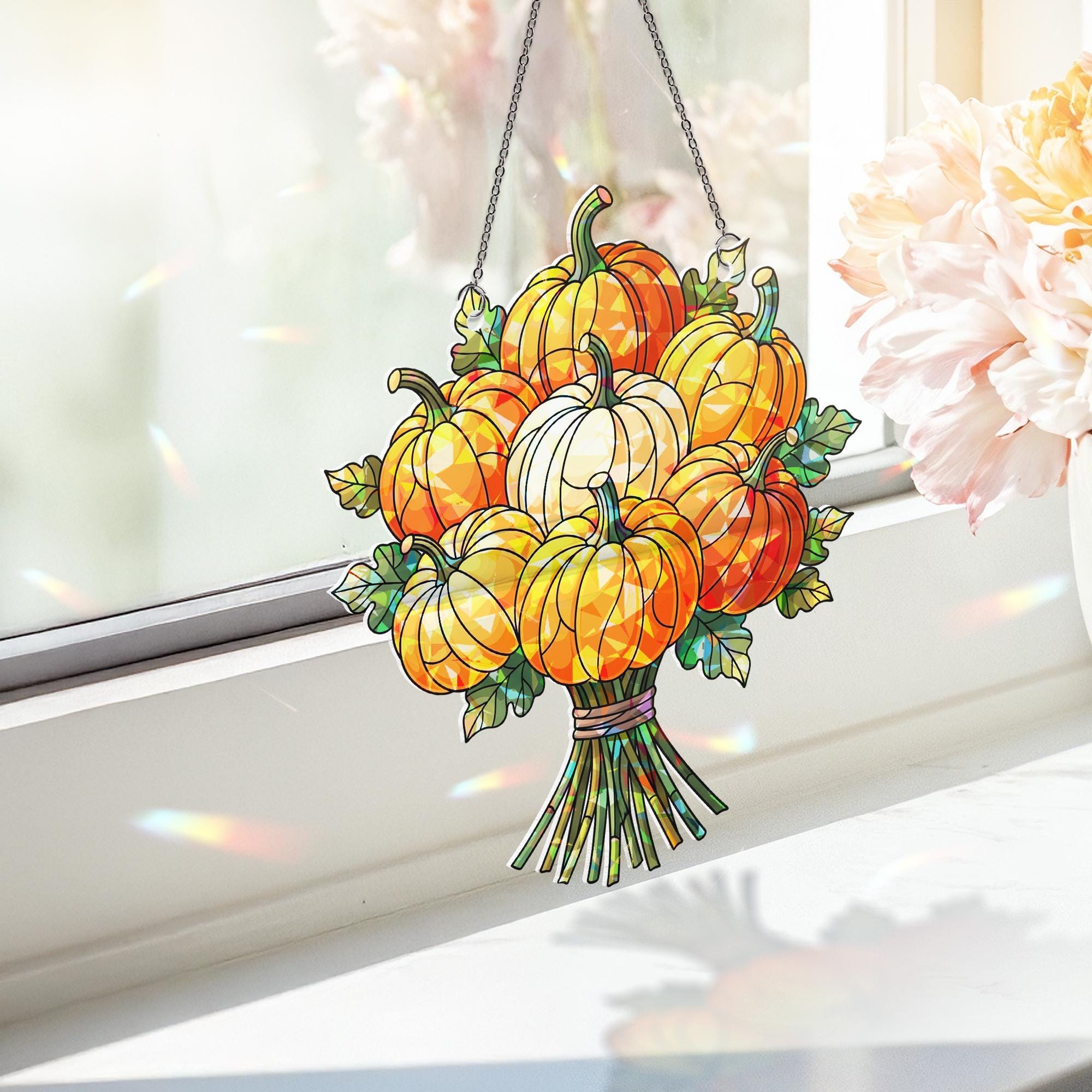 Pumpkin Bouquet Suncatcher – Autumn Window Hanging Decor, Fall Harvest Holographic Pumpkin Decoration, Thanksgiving Sun Catcher Gift