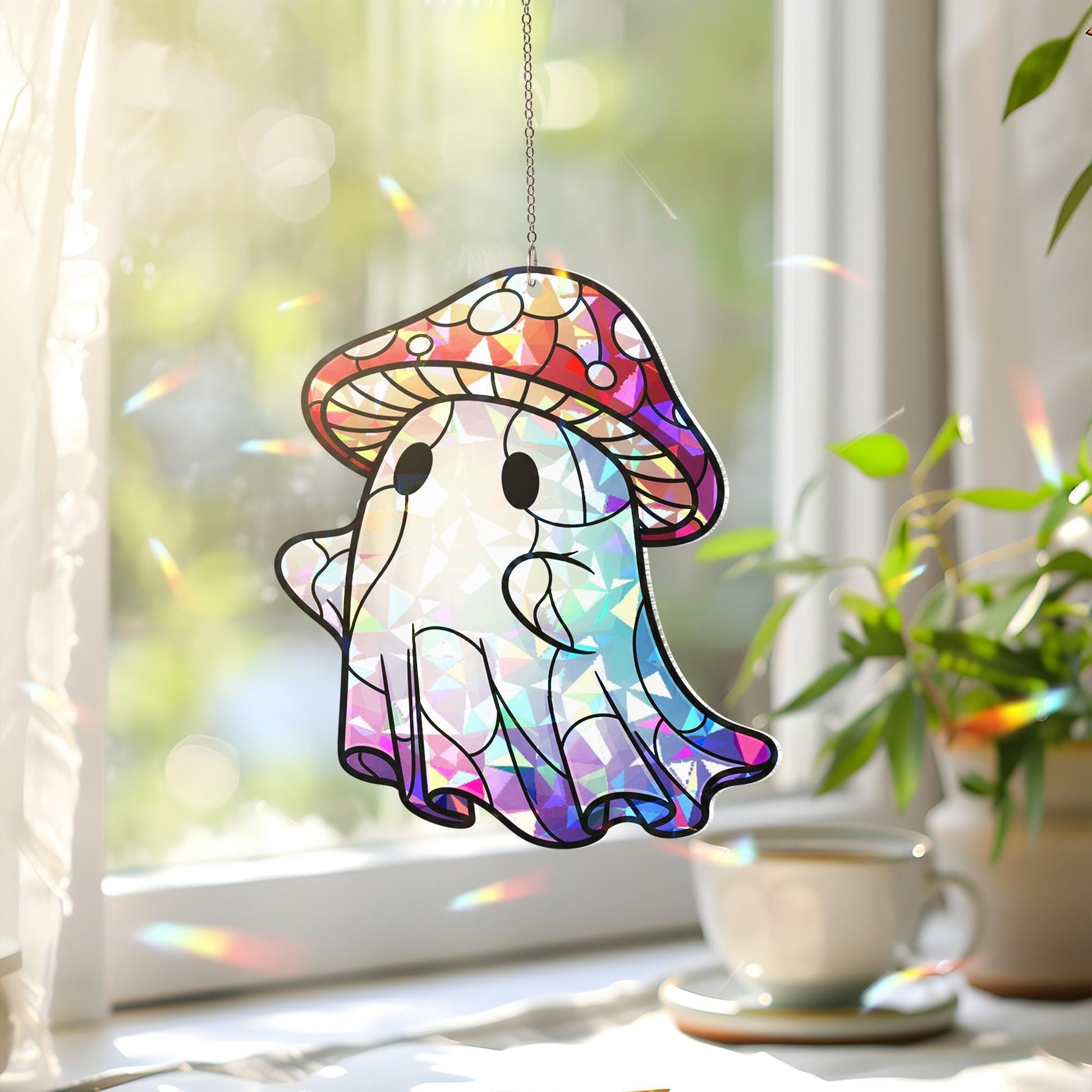 Cute Ghost Mushroom Suncatcher – Holographic Window Hanging Decor, Kawaii Halloween Ghost Sun Catcher, Spooky Cottagecore Gift Idea