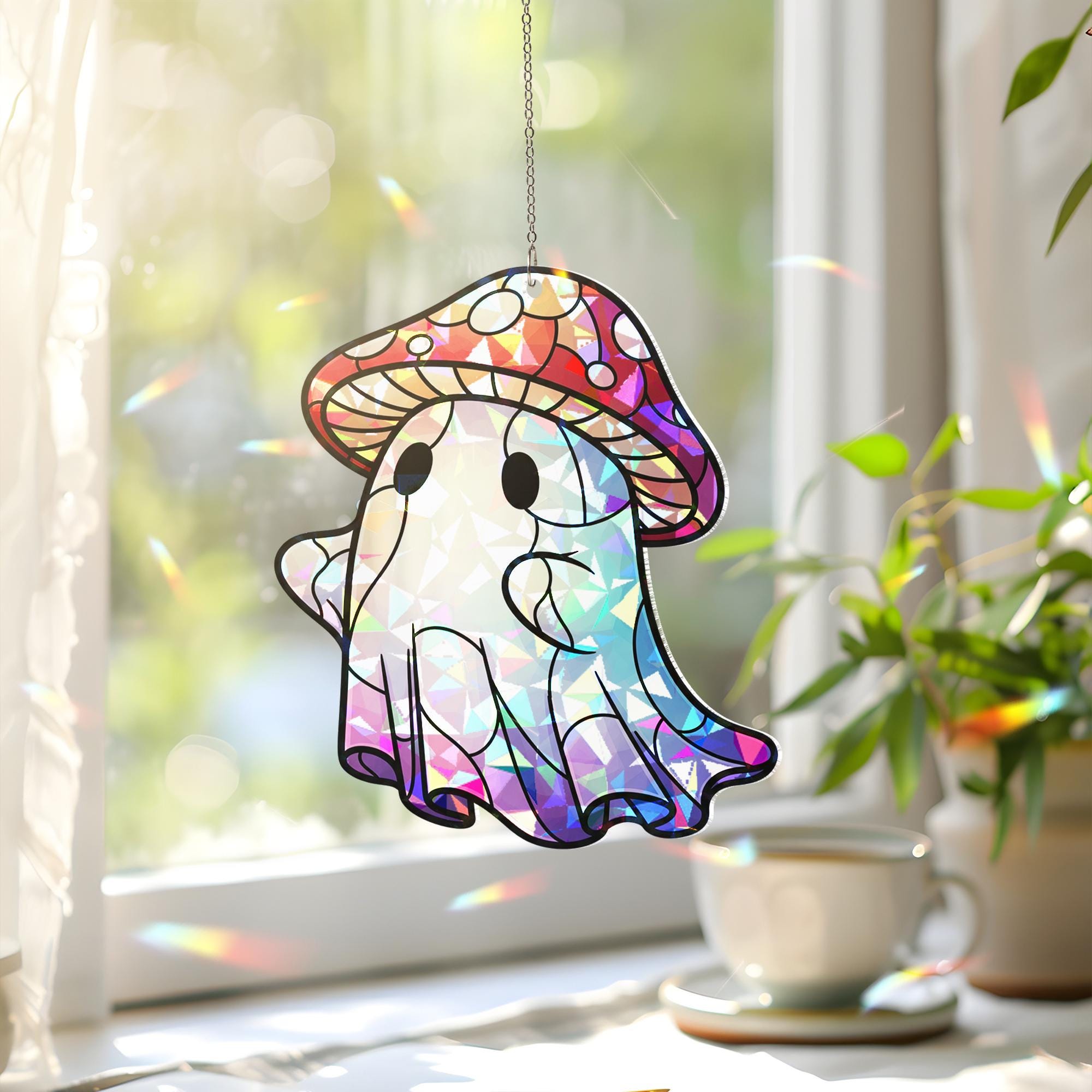 Cute Ghost Mushroom Suncatcher – Holographic Window Hanging Decor, Kawaii Halloween Ghost Sun Catcher, Spooky Cottagecore Gift Idea