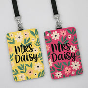 Floral Teacher ID Badge Holder, Personalized Name Tag for Teacher, Cute Pink Flower Lanyard Accessory for Classroom or School