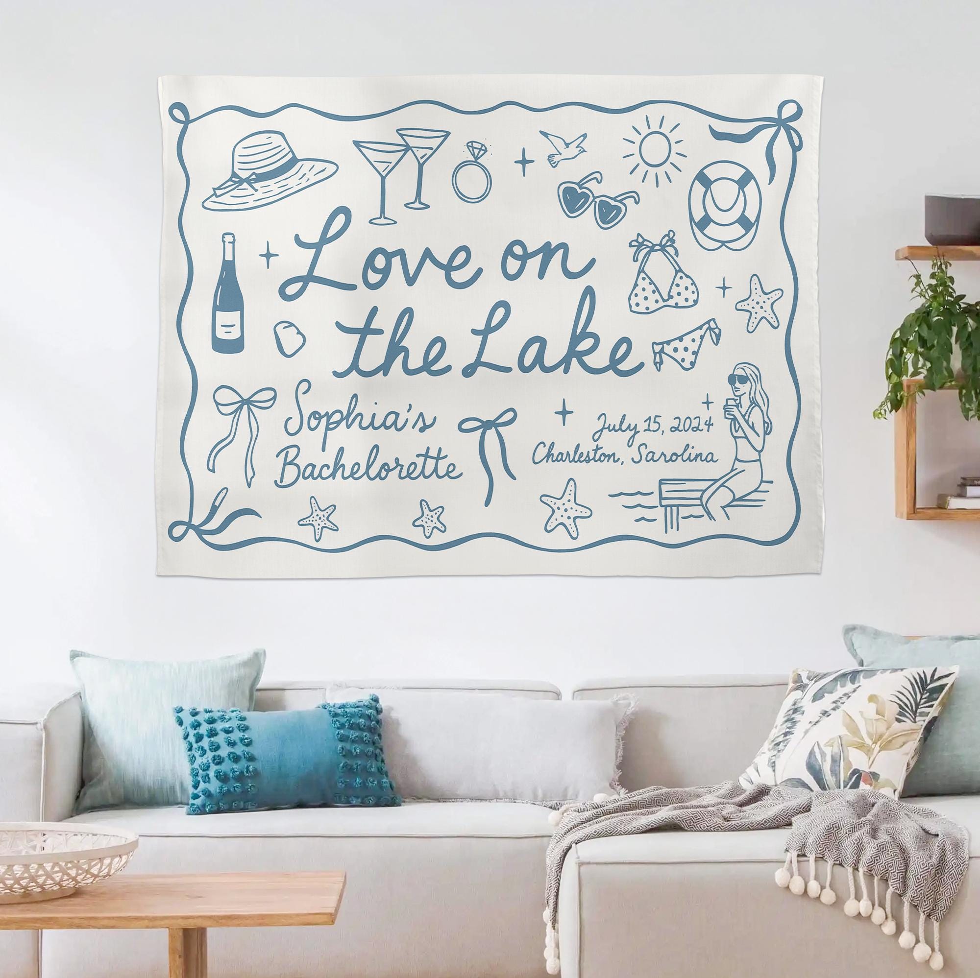 Custom Lake Bachelorette Party Tapestry – Love on the Lake Banner with Name, Date & Location – Personalized Bach Party Lake House Decor