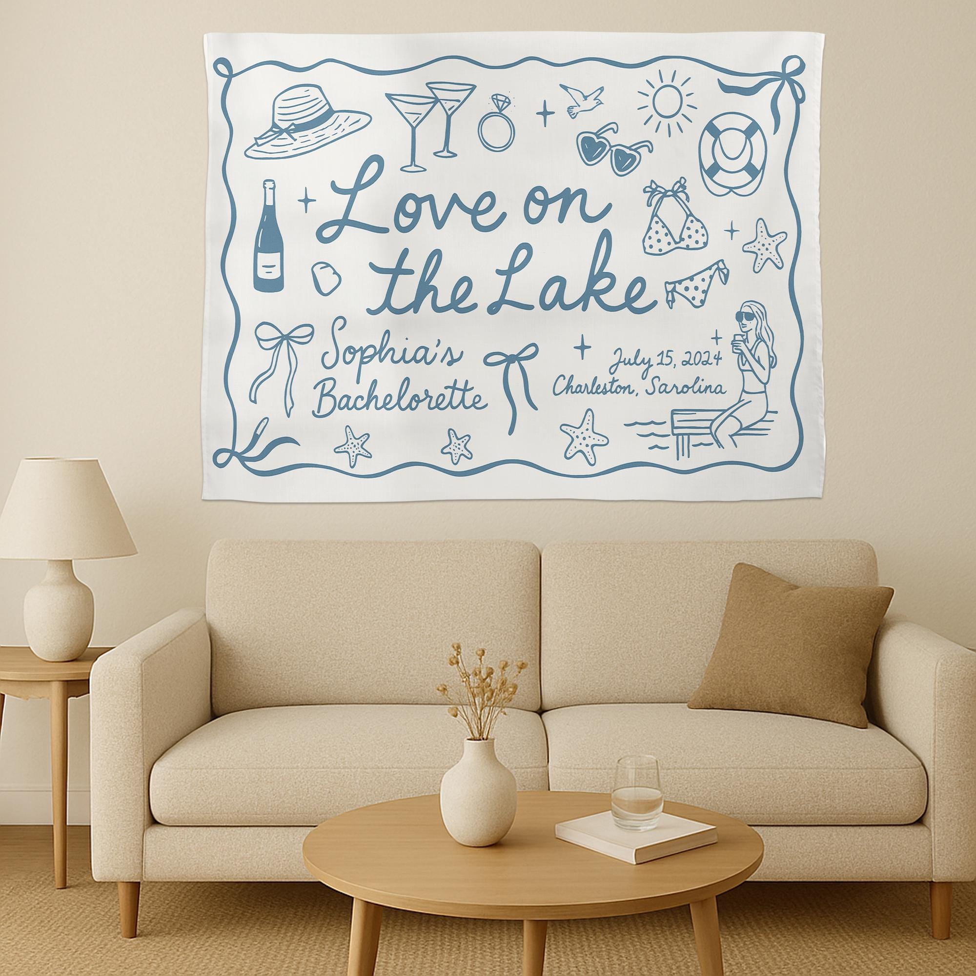Custom Lake Bachelorette Party Tapestry – Love on the Lake Banner with Name, Date & Location – Personalized Bach Party Lake House Decor