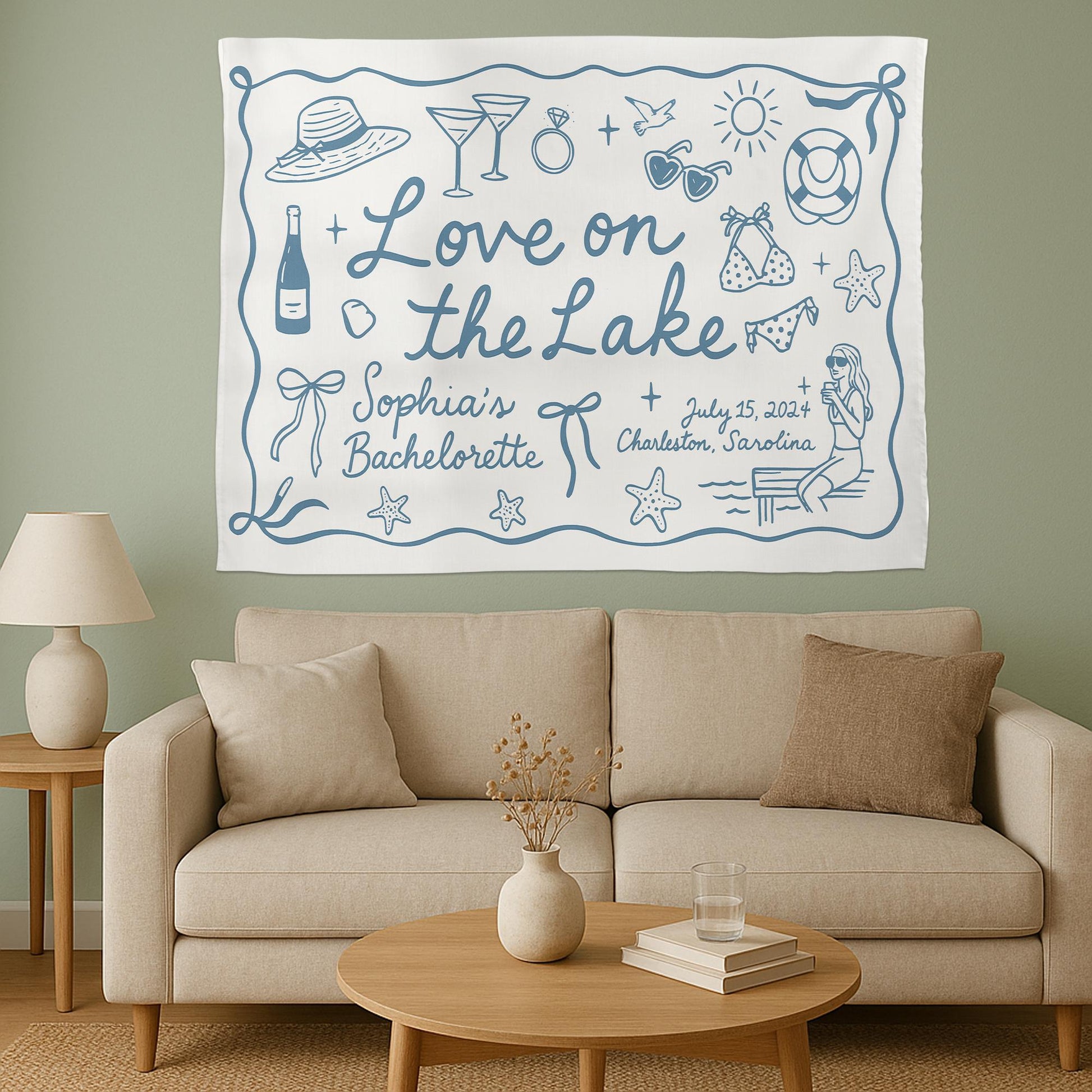 Custom Lake Bachelorette Party Tapestry – Love on the Lake Banner with Name, Date & Location – Personalized Bach Party Lake House Decor