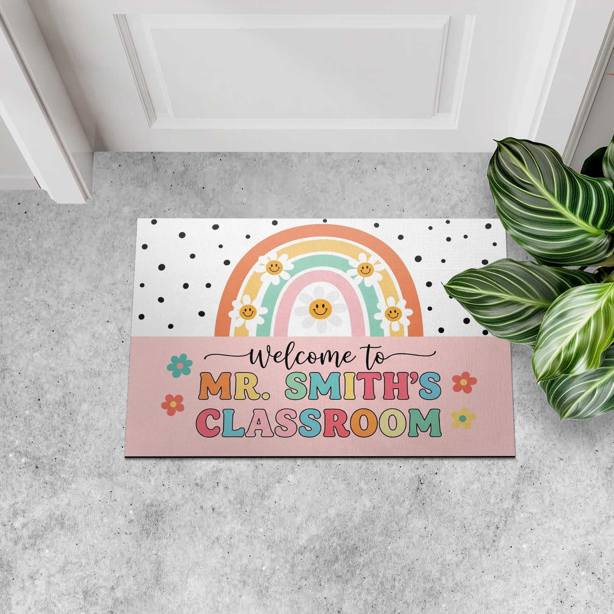 Personalized Teacher Doormat, Custom Teacher Classroom Rug, Back to School Welcome Mat, Rainbow Smile Entry Sign for School