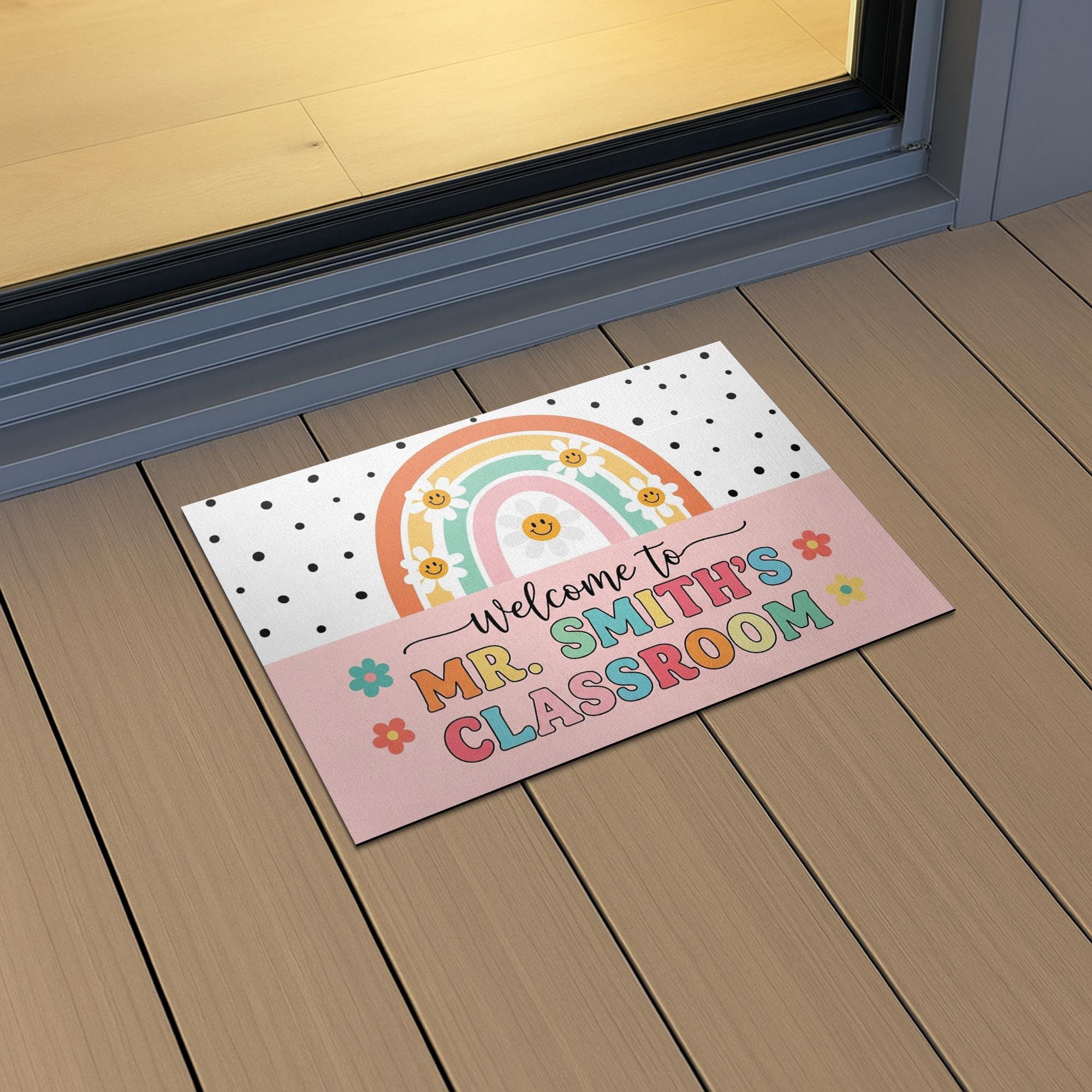 Personalized Teacher Doormat, Custom Teacher Classroom Rug, Back to School Welcome Mat, Rainbow Smile Entry Sign for School