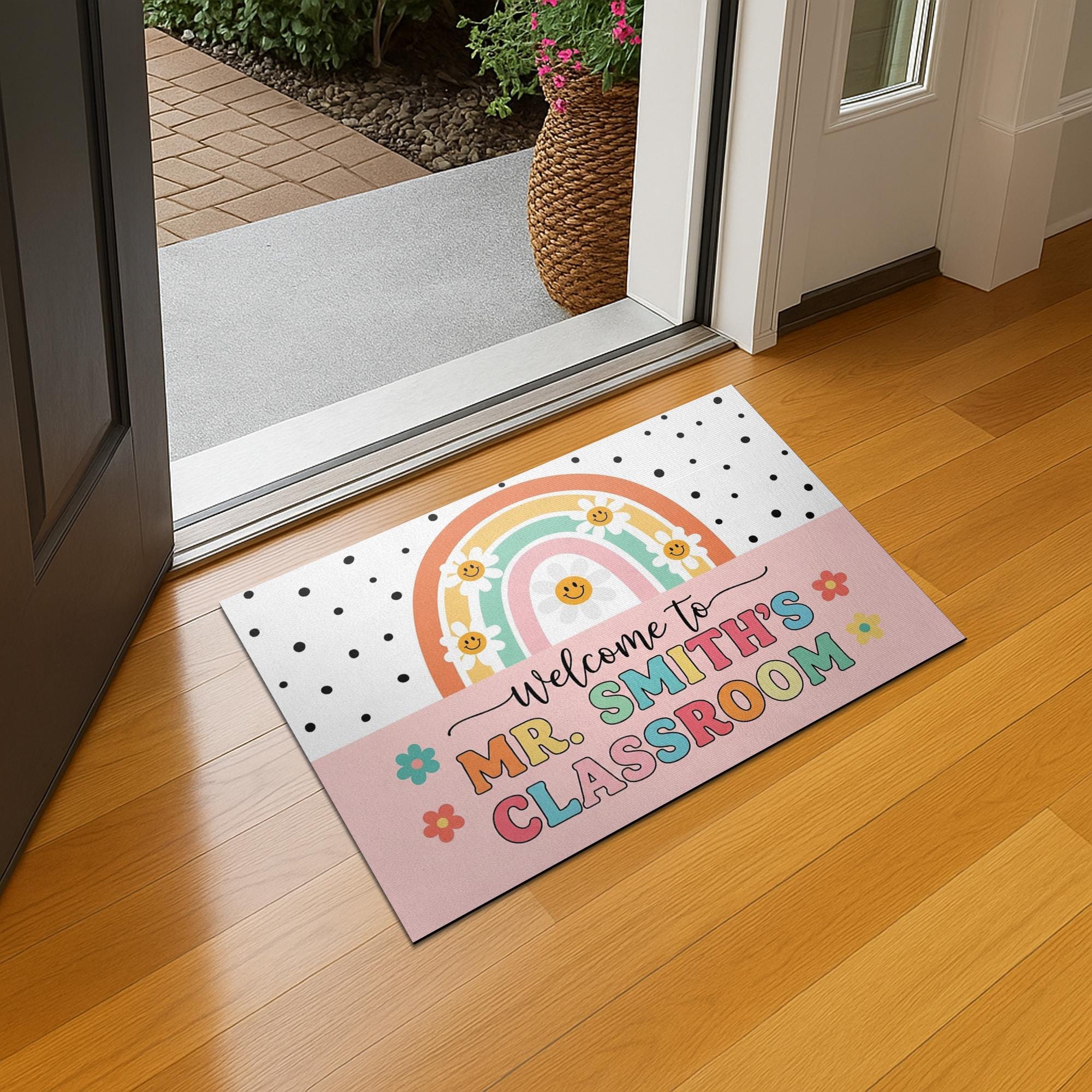Personalized Teacher Doormat, Custom Teacher Classroom Rug, Back to School Welcome Mat, Rainbow Smile Entry Sign for School