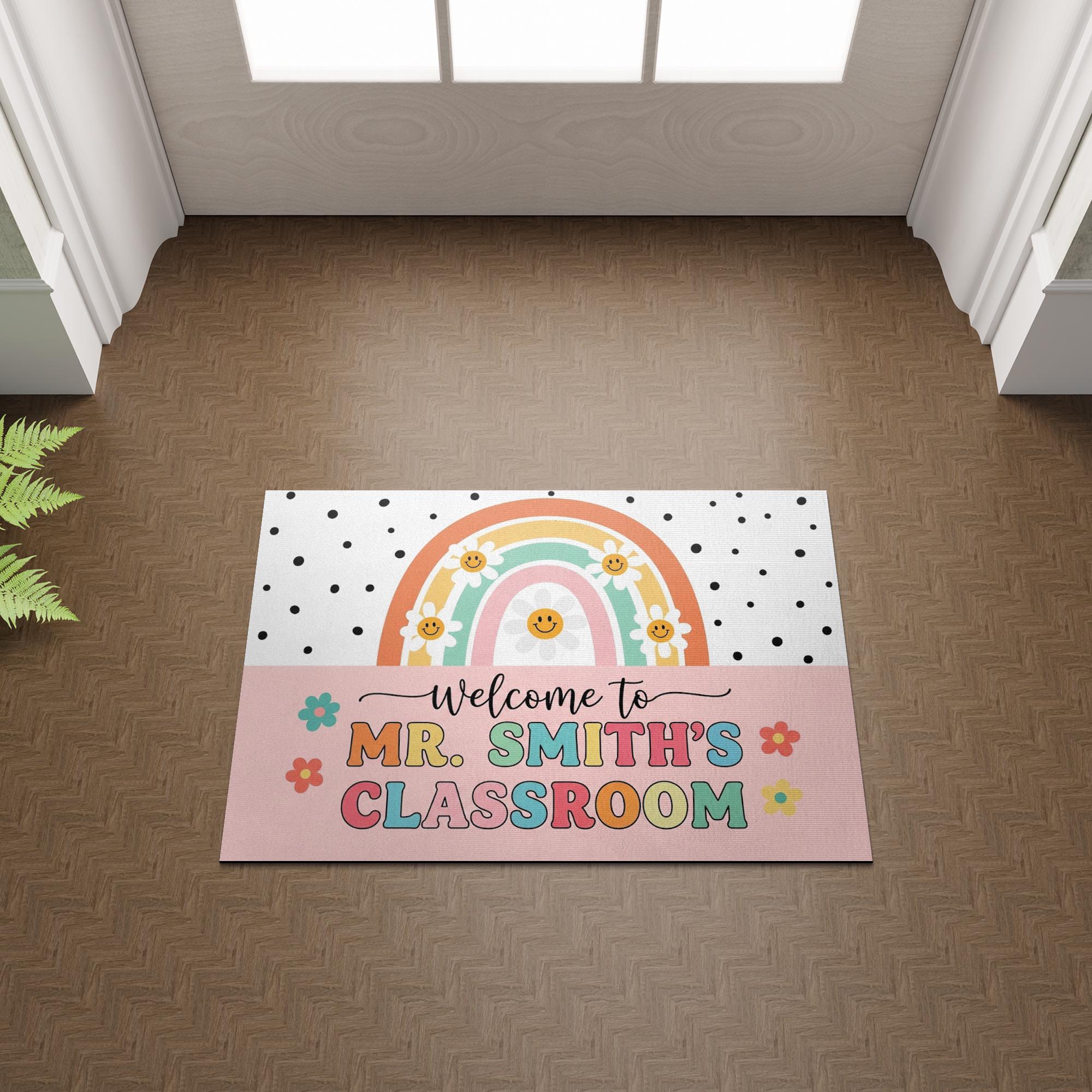 Personalized Teacher Doormat, Custom Teacher Classroom Rug, Back to School Welcome Mat, Rainbow Smile Entry Sign for School