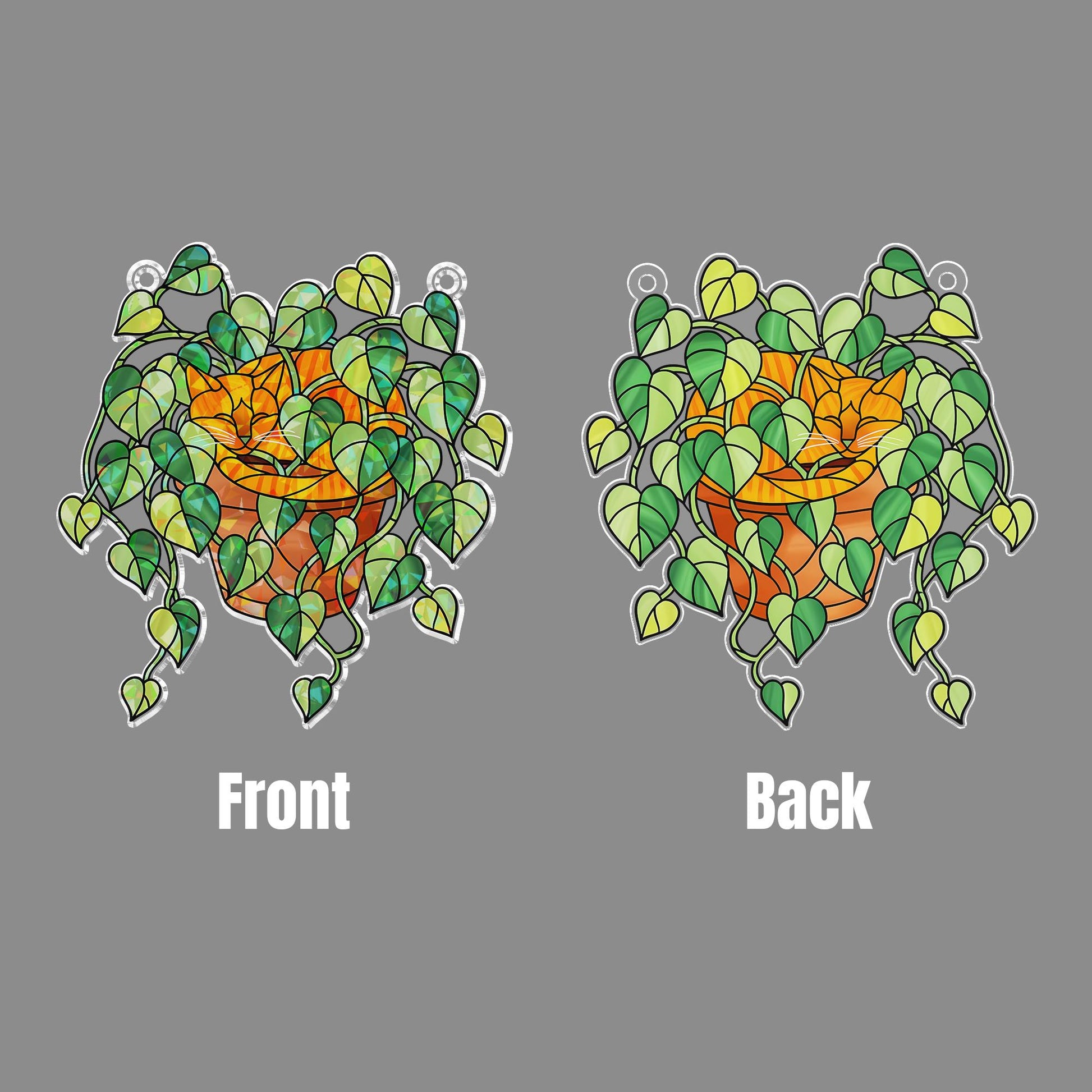 Orange Cat Sleeping in Porthos Leaves Plant Hologram Ornament – Orange Cat Hanging in Heart Leaf Vine – Window Decor for Plant, Cat Lovers