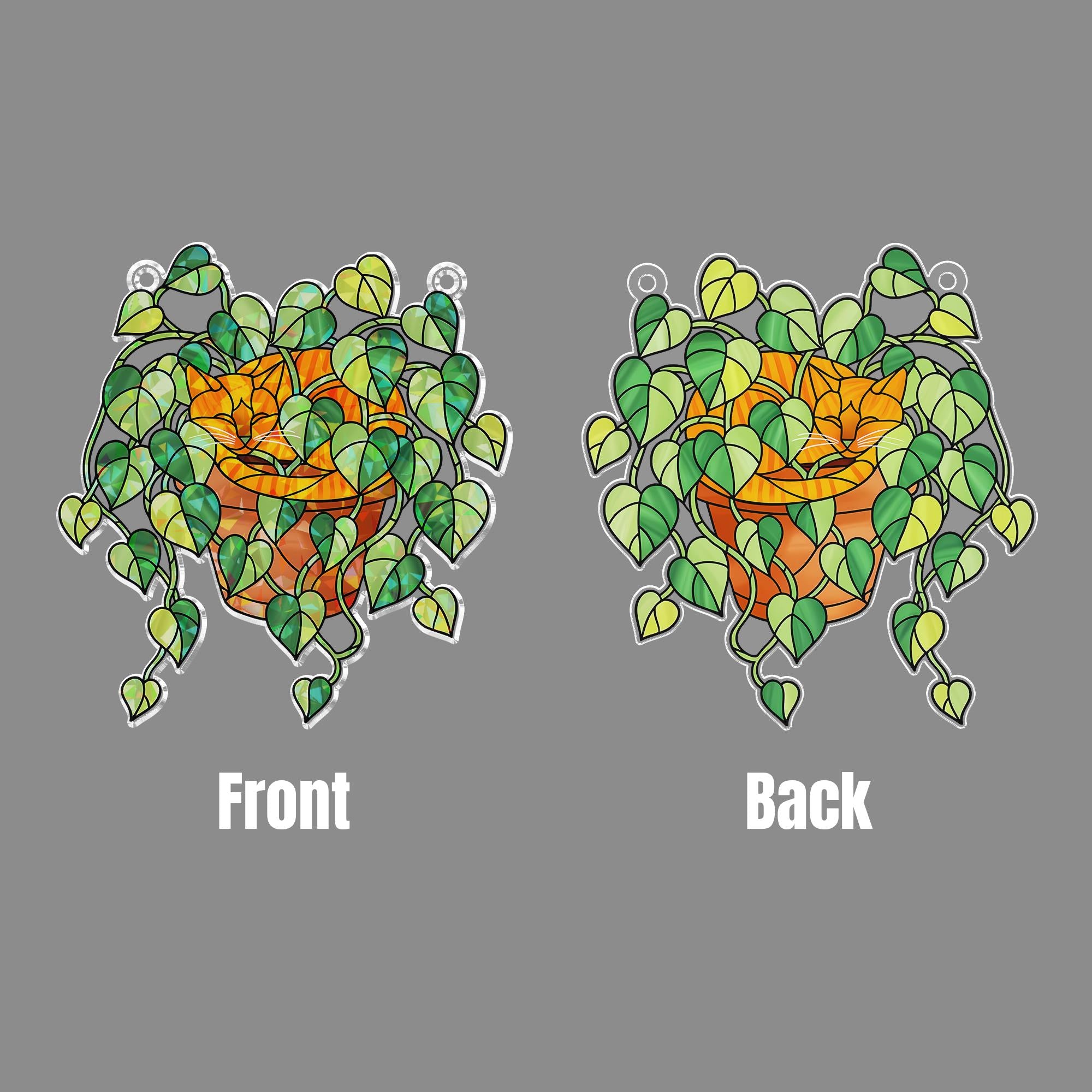 Orange Cat Sleeping in Porthos Leaves Plant Hologram Ornament – Orange Cat Hanging in Heart Leaf Vine – Window Decor for Plant, Cat Lovers