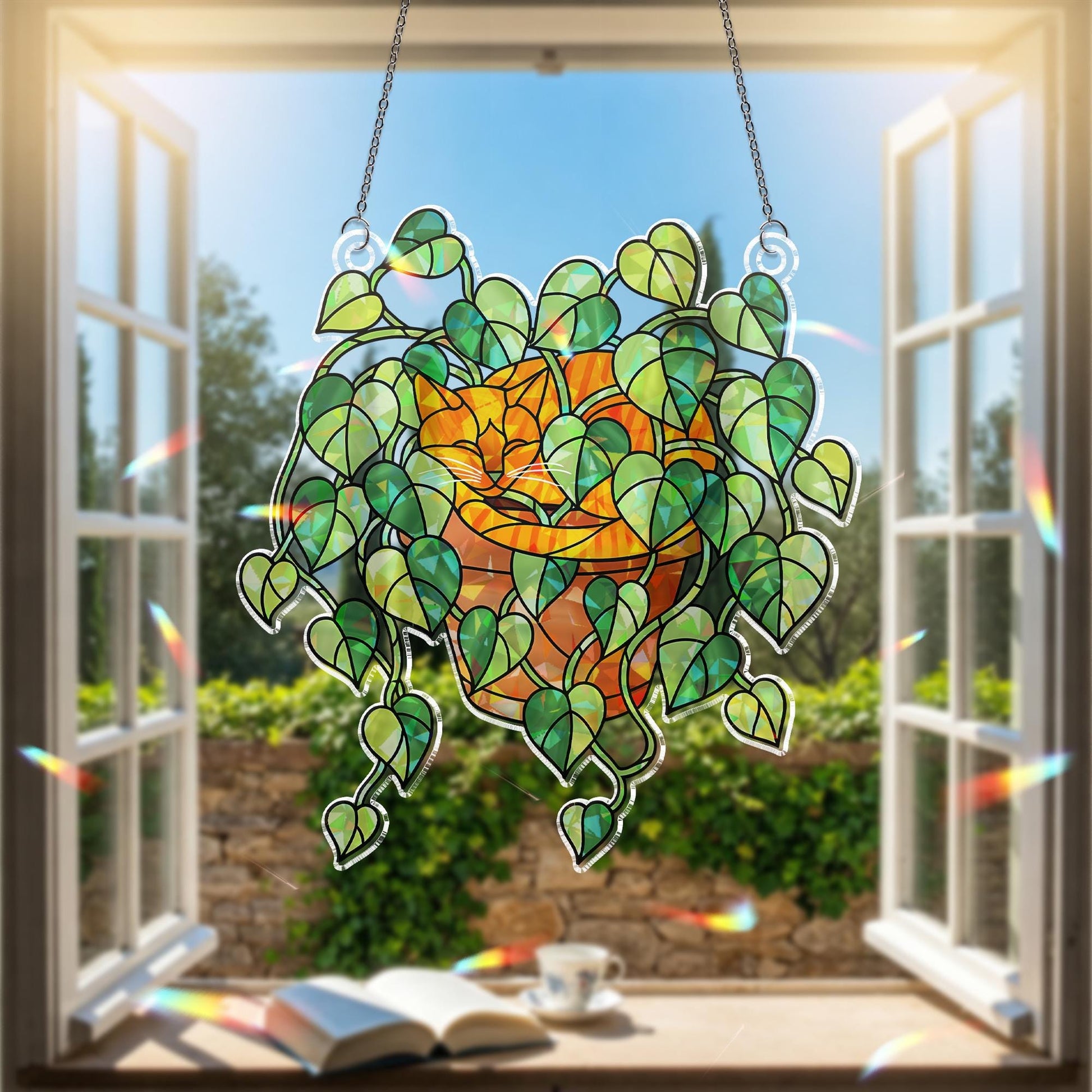 Orange Cat Sleeping in Porthos Leaves Plant Hologram Ornament – Orange Cat Hanging in Heart Leaf Vine – Window Decor for Plant, Cat Lovers