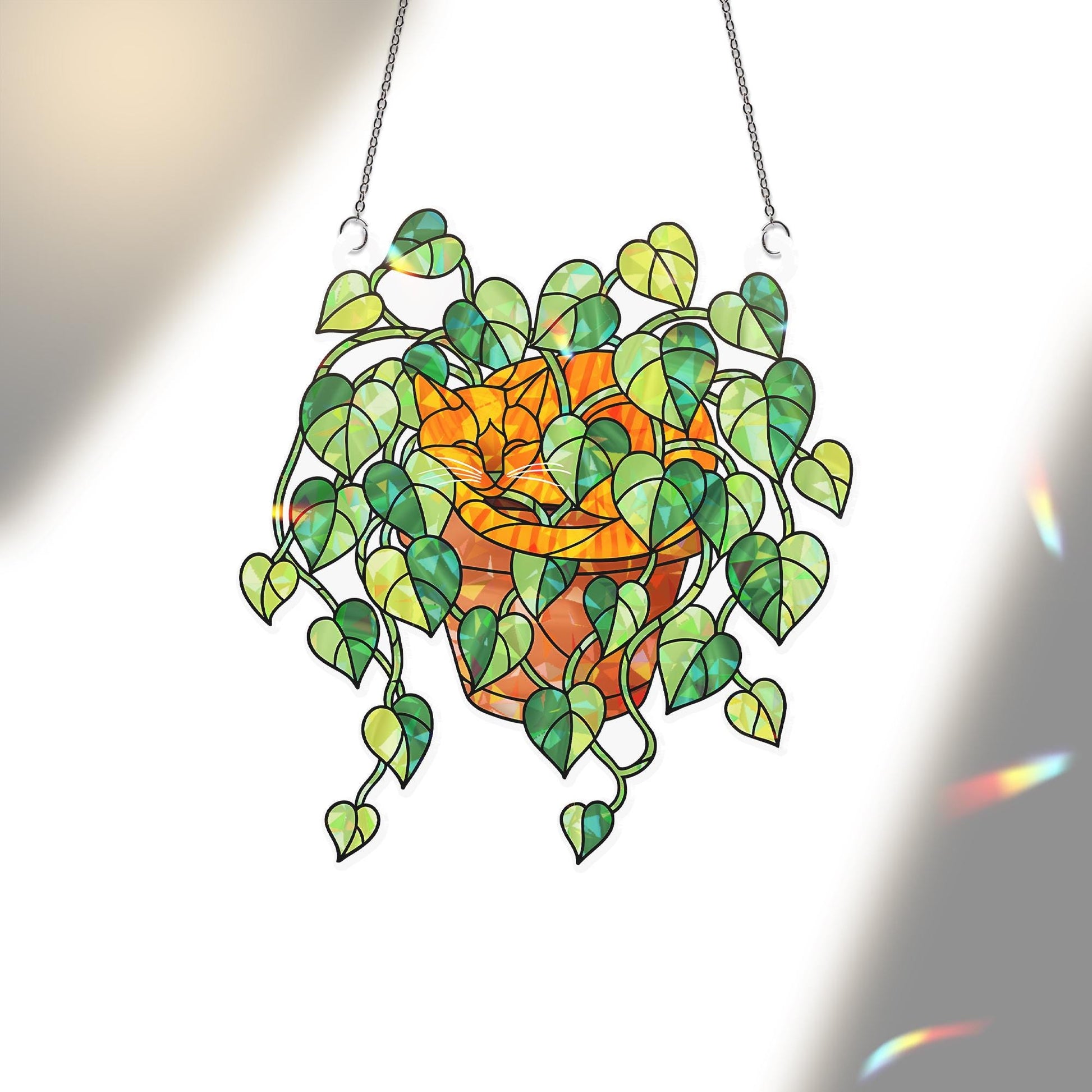 Orange Cat Sleeping in Porthos Leaves Plant Hologram Ornament – Orange Cat Hanging in Heart Leaf Vine – Window Decor for Plant, Cat Lovers