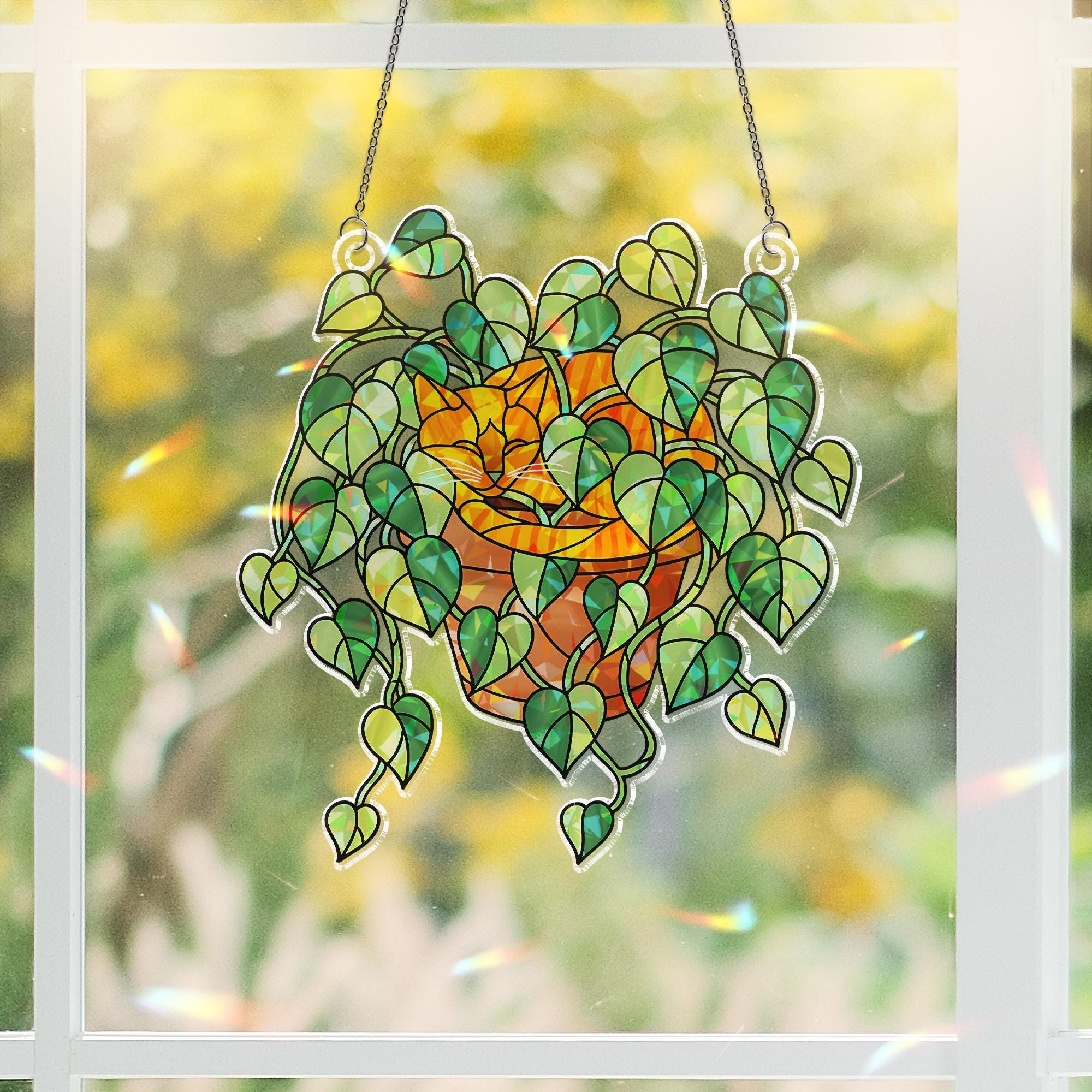 Orange Cat Sleeping in Porthos Leaves Plant Hologram Ornament – Orange Cat Hanging in Heart Leaf Vine – Window Decor for Plant, Cat Lovers