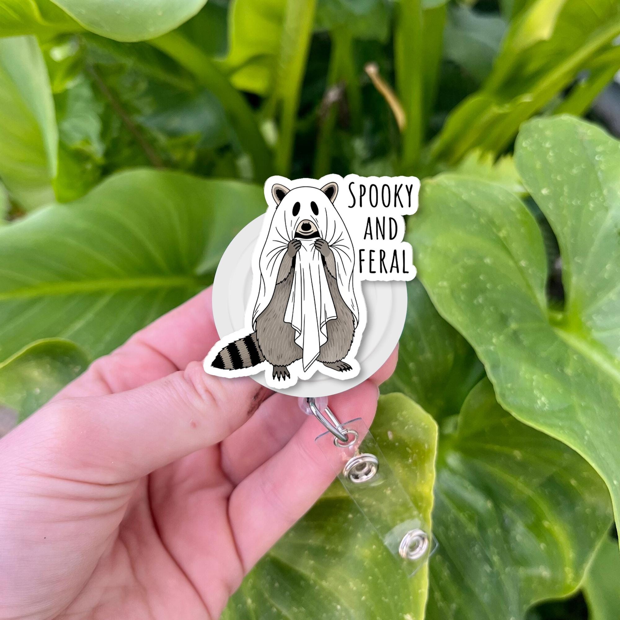 Spooky Feral Raccoon Badge Reel – Halloween Ghost Animal ID Holder, Cute Nurse Badge Clip, Funny Work Accessory for Fall