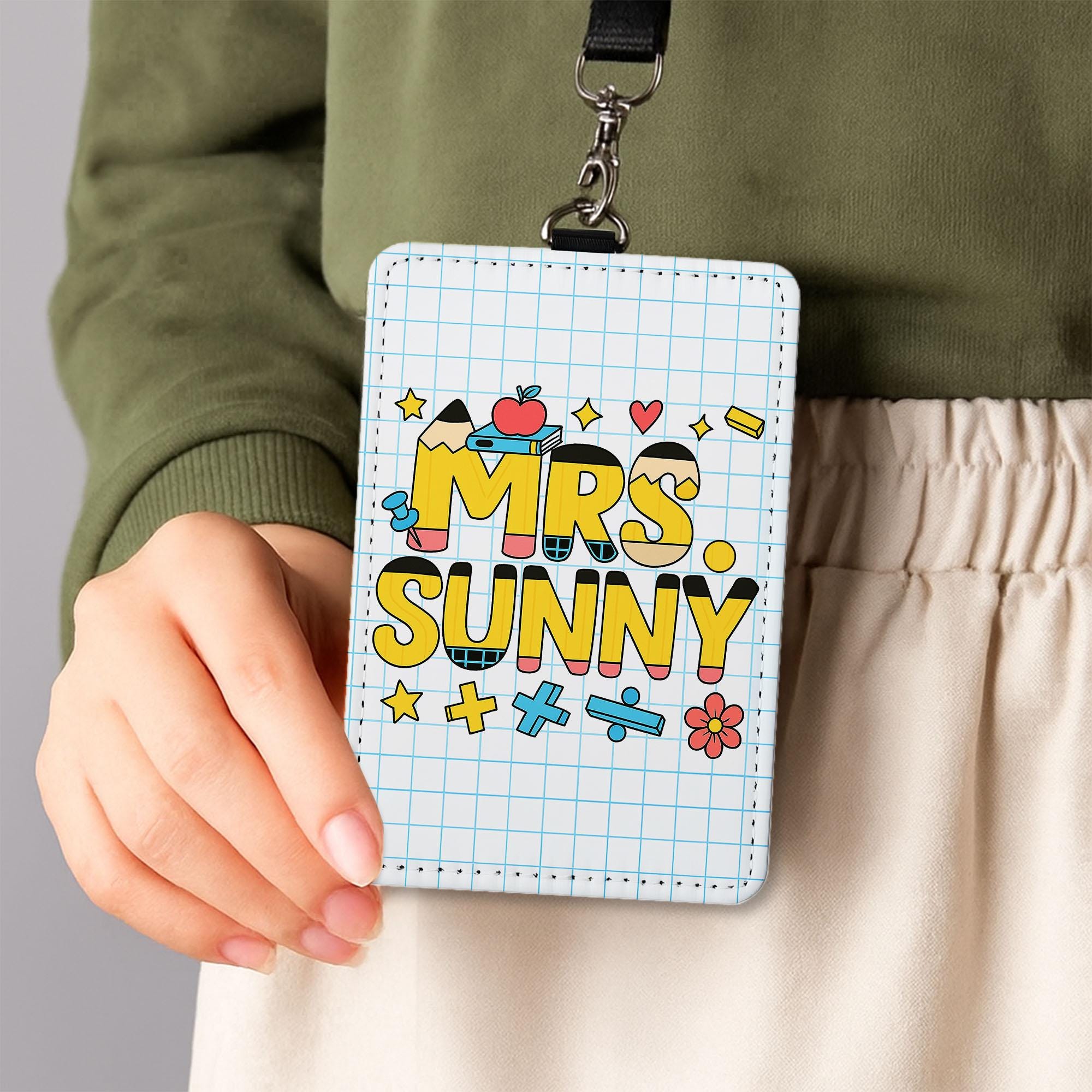 Personalized Teacher ID Badge Holder for Teacher, Cute Grid Design School Name Tag, Classroom Lanyard Accessory Gift