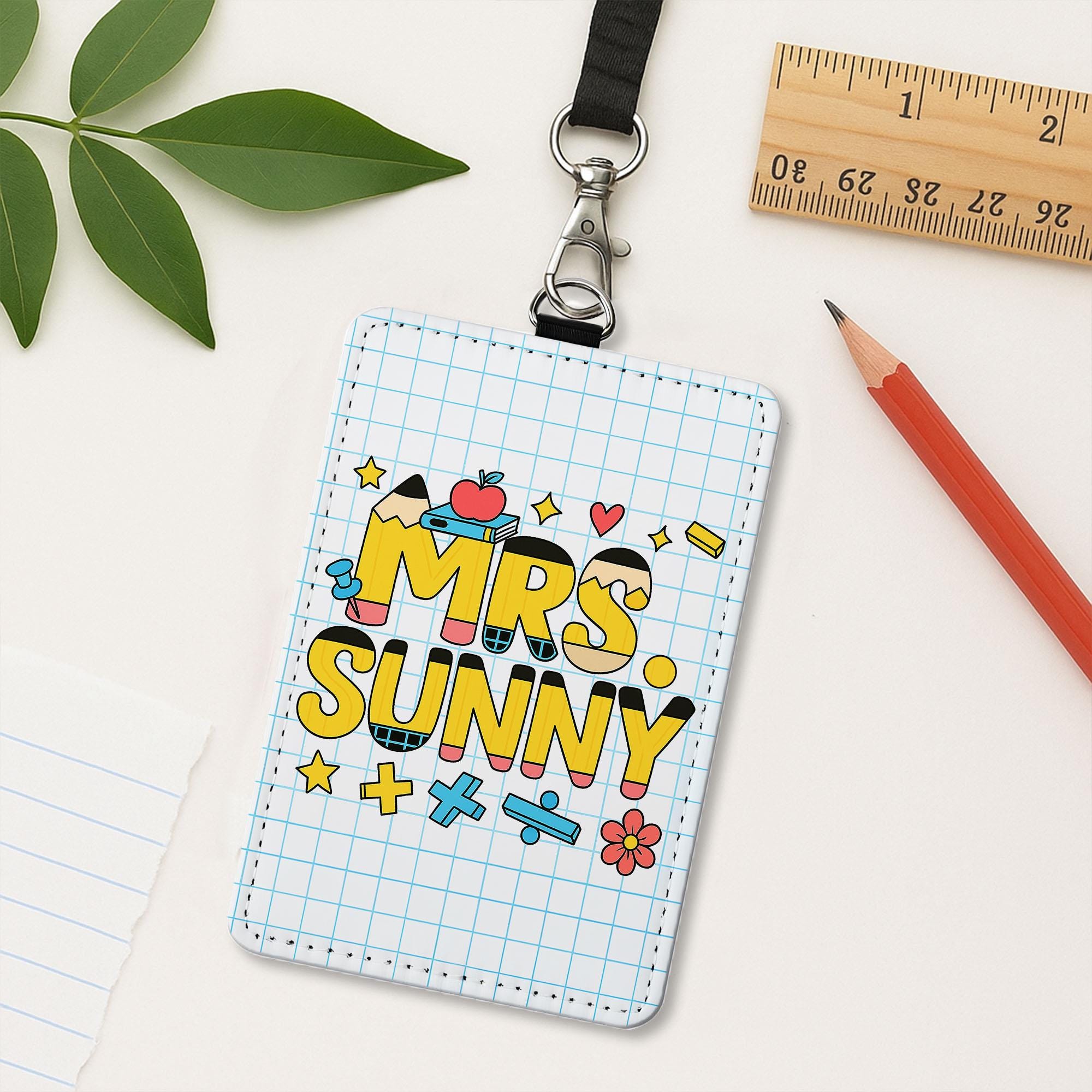 Personalized Teacher ID Badge Holder for Teacher, Cute Grid Design School Name Tag, Classroom Lanyard Accessory Gift