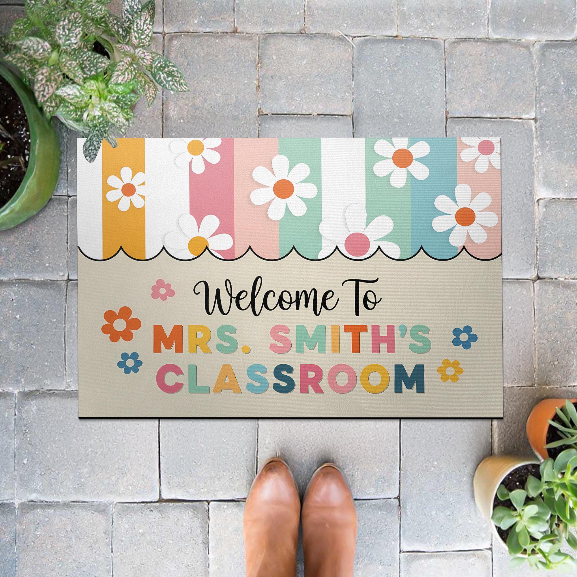 Personalized Teacher Doormat, Welcome to Classroom Mat, Floral Back to School Rug, Custom Teacher Gift, Classroom Entry Doormat