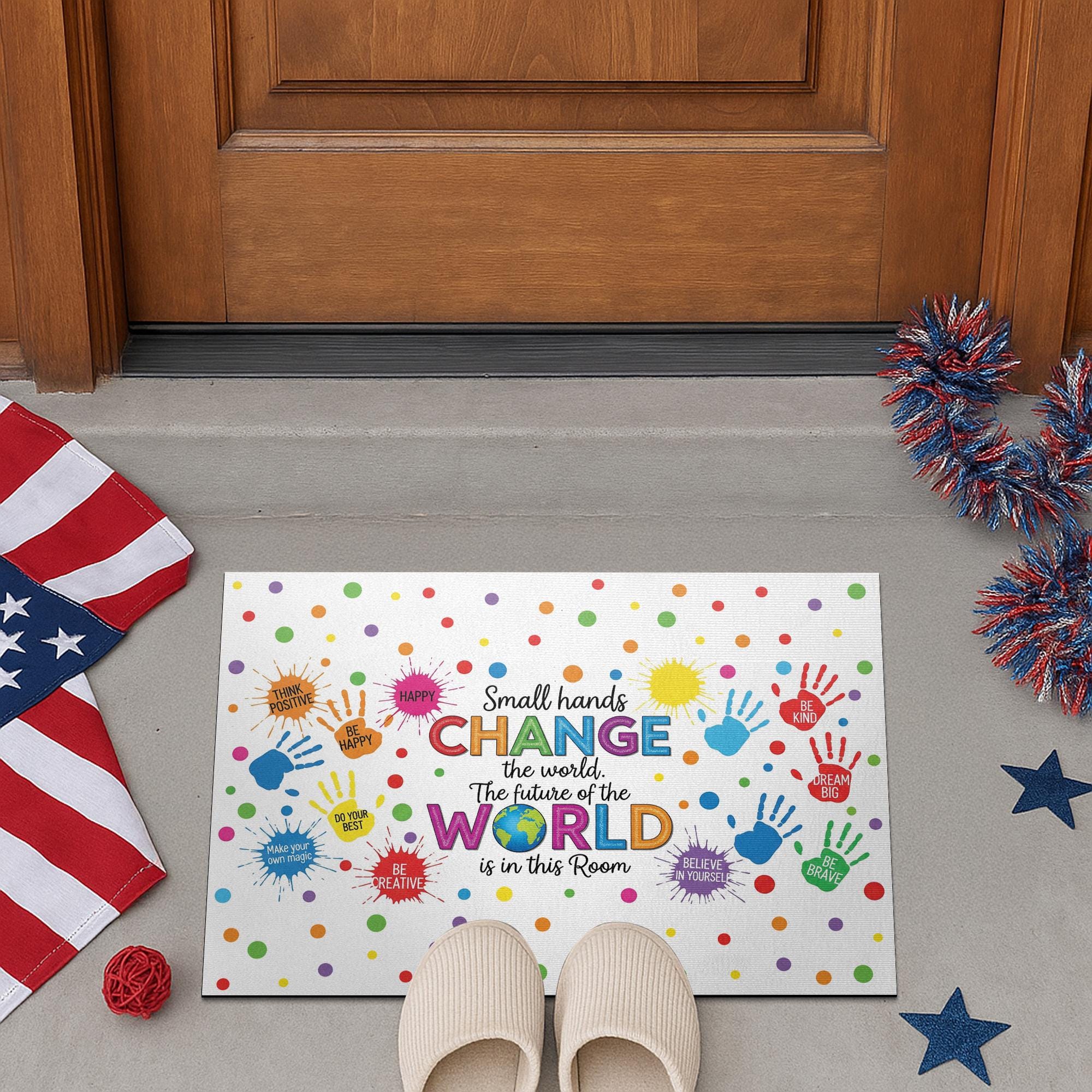 Inspirational Classroom Doormat, Small Hands Change the World Rug, Colorful Welcome Mat for Teachers, Kids, School Entryway, Classroom Decor