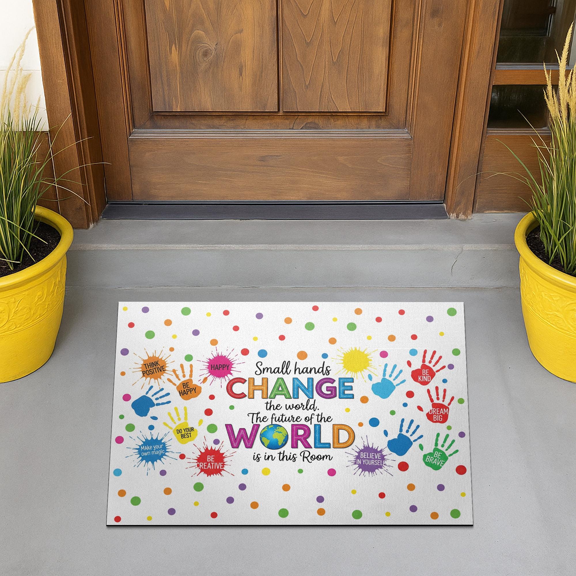 Inspirational Classroom Doormat, Small Hands Change the World Rug, Colorful Welcome Mat for Teachers, Kids, School Entryway, Classroom Decor