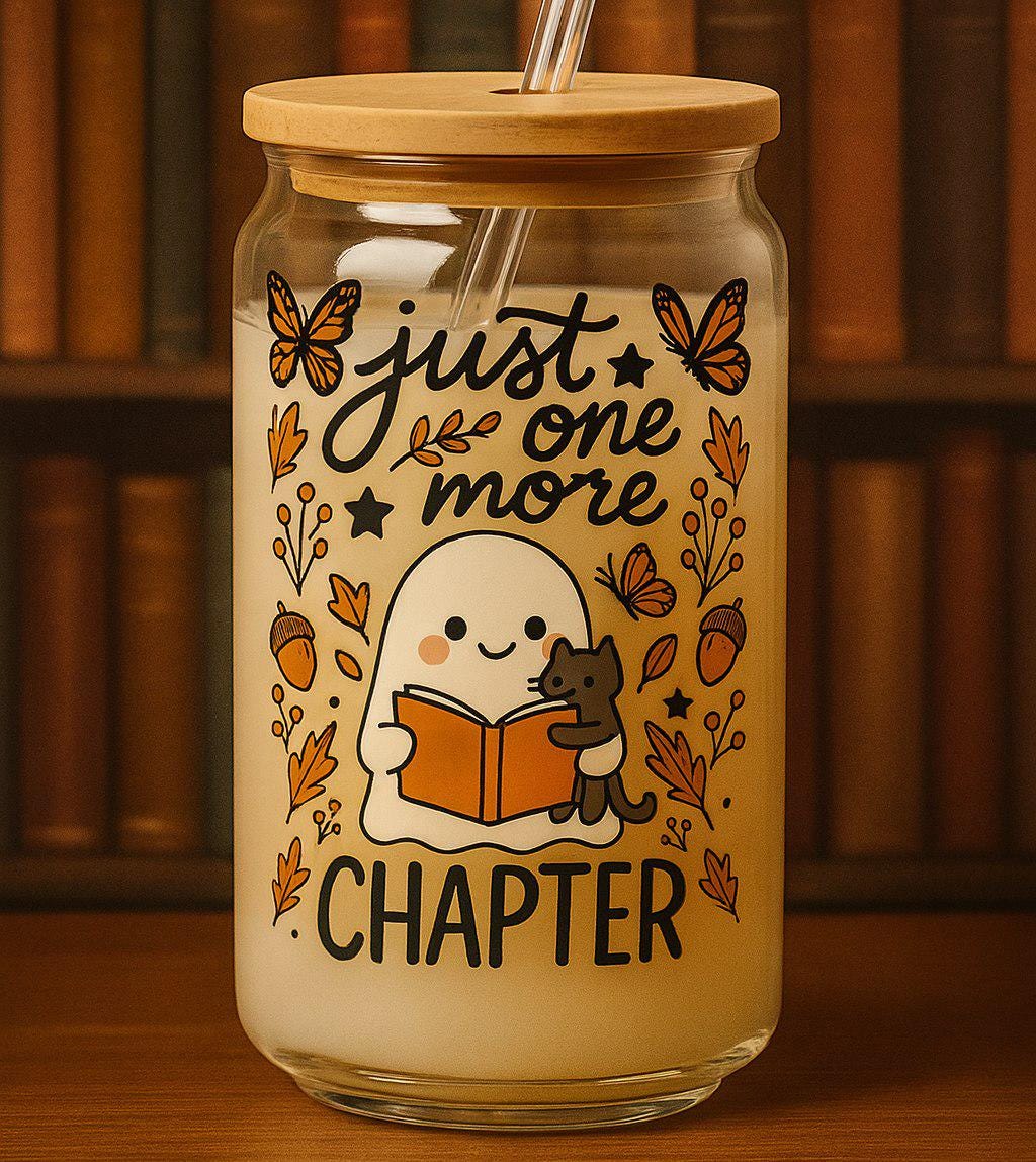 Just One More Chapter Glass – Cute Ghost Book Lover Sipper – Cozy Fall Iced Coffee Cup – Halloween Reading Tumbler witt Straw