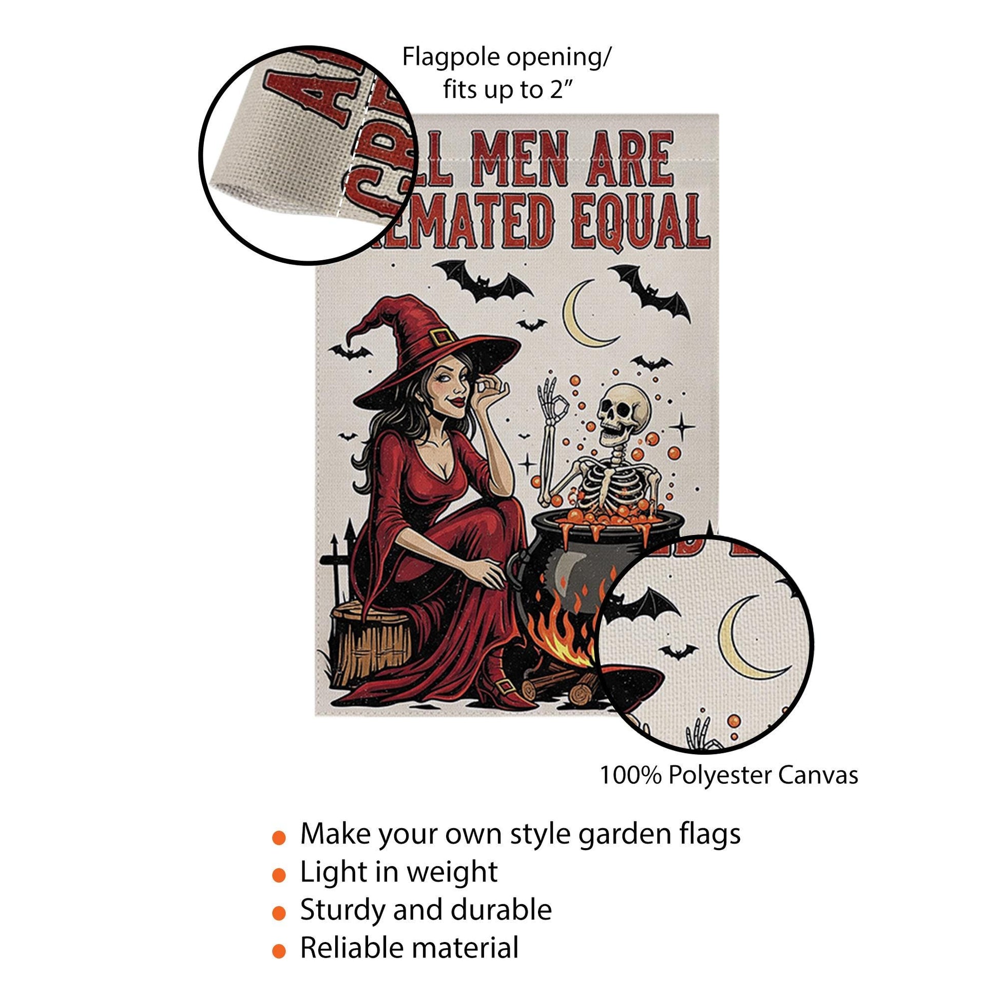 Funny Halloween Witch Garden Flag – All Men Are Cremated Equal, Spooky Skeleton Cauldron Outdoor Yard Decor, Dark Humor Fall Flag