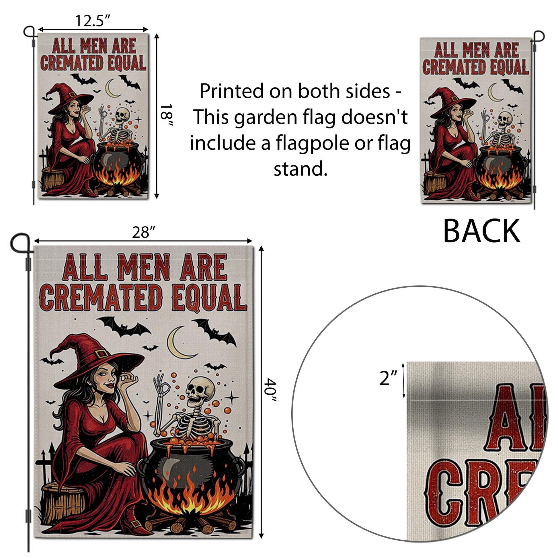 Funny Halloween Witch Garden Flag – All Men Are Cremated Equal, Spooky Skeleton Cauldron Outdoor Yard Decor, Dark Humor Fall Flag
