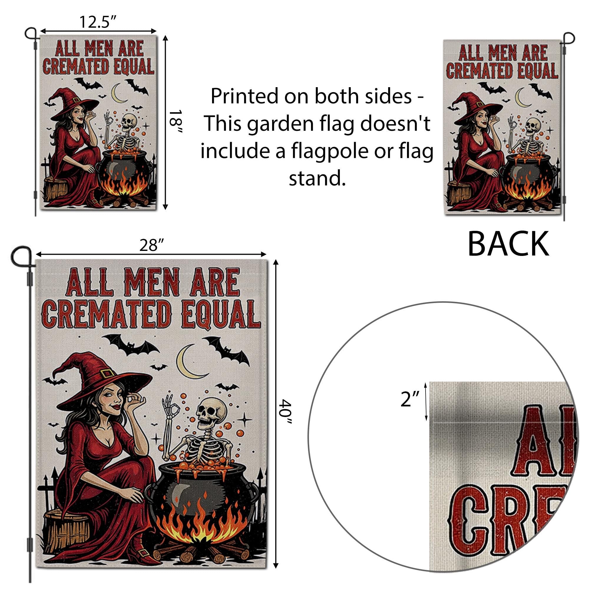 Funny Halloween Witch Garden Flag – All Men Are Cremated Equal, Spooky Skeleton Cauldron Outdoor Yard Decor, Dark Humor Fall Flag