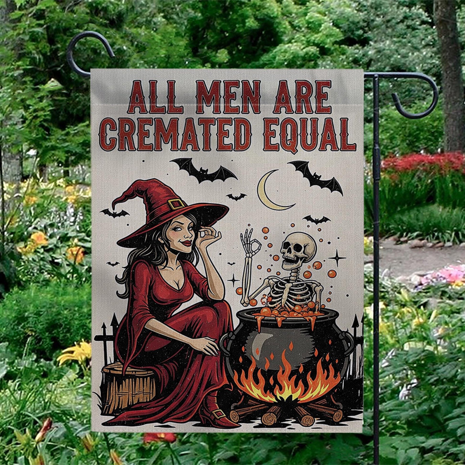 Funny Halloween Witch Garden Flag – All Men Are Cremated Equal, Spooky Skeleton Cauldron Outdoor Yard Decor, Dark Humor Fall Flag