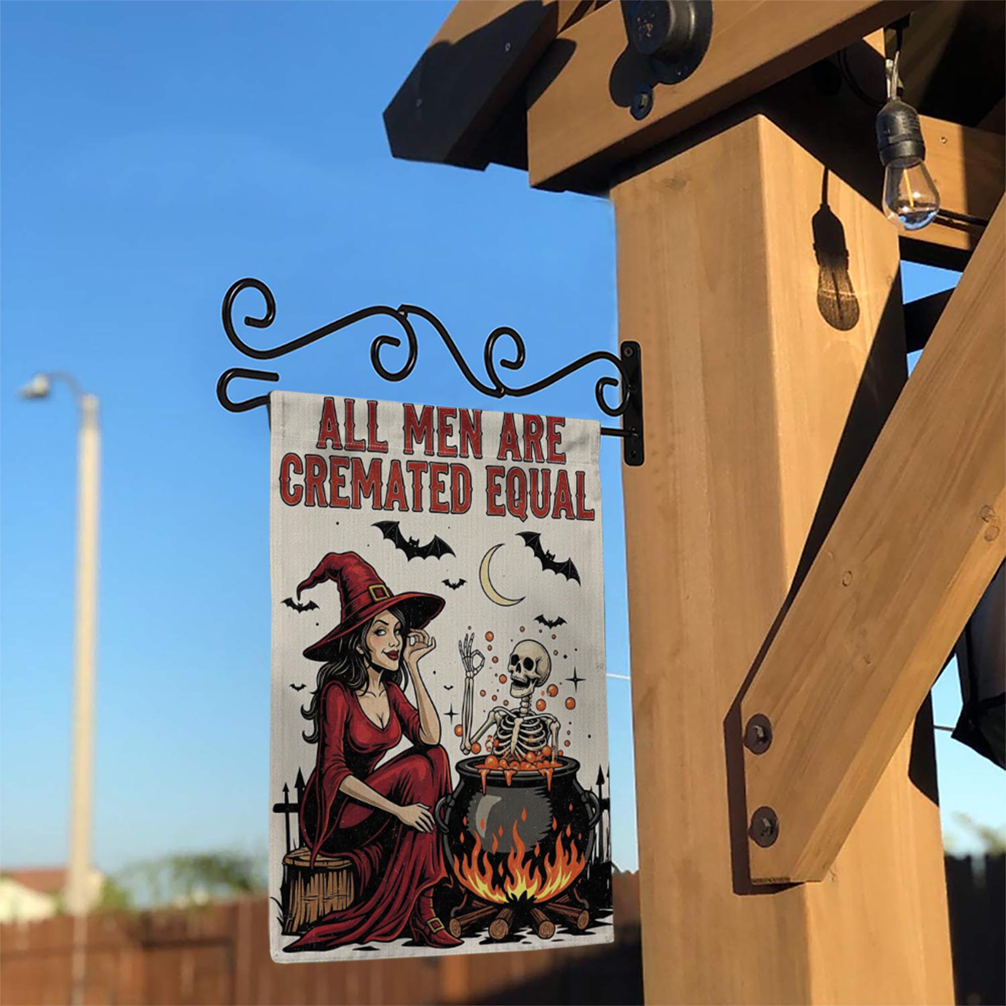 Funny Halloween Witch Garden Flag – All Men Are Cremated Equal, Spooky Skeleton Cauldron Outdoor Yard Decor, Dark Humor Fall Flag