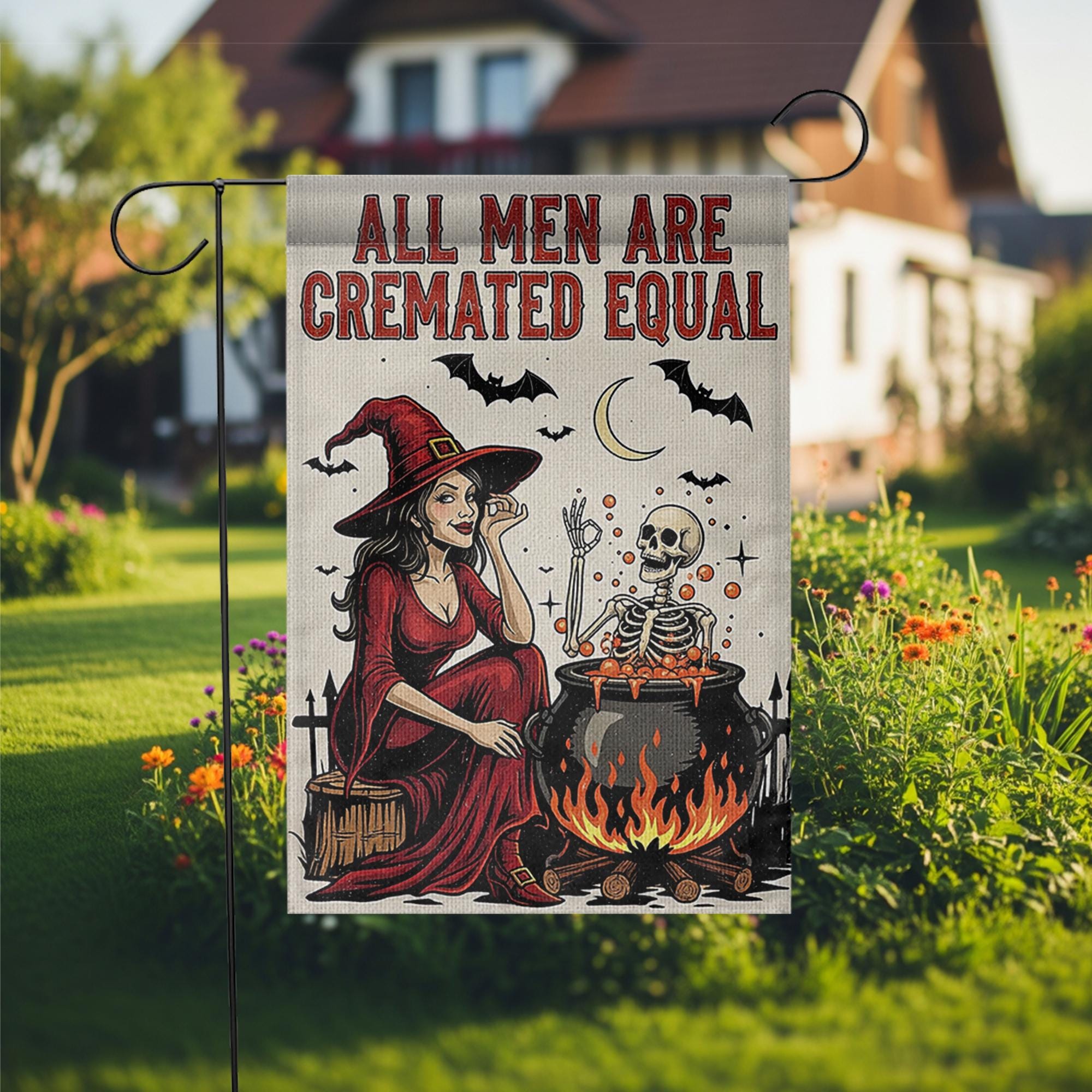 Funny Halloween Witch Garden Flag – All Men Are Cremated Equal, Spooky Skeleton Cauldron Outdoor Yard Decor, Dark Humor Fall Flag
