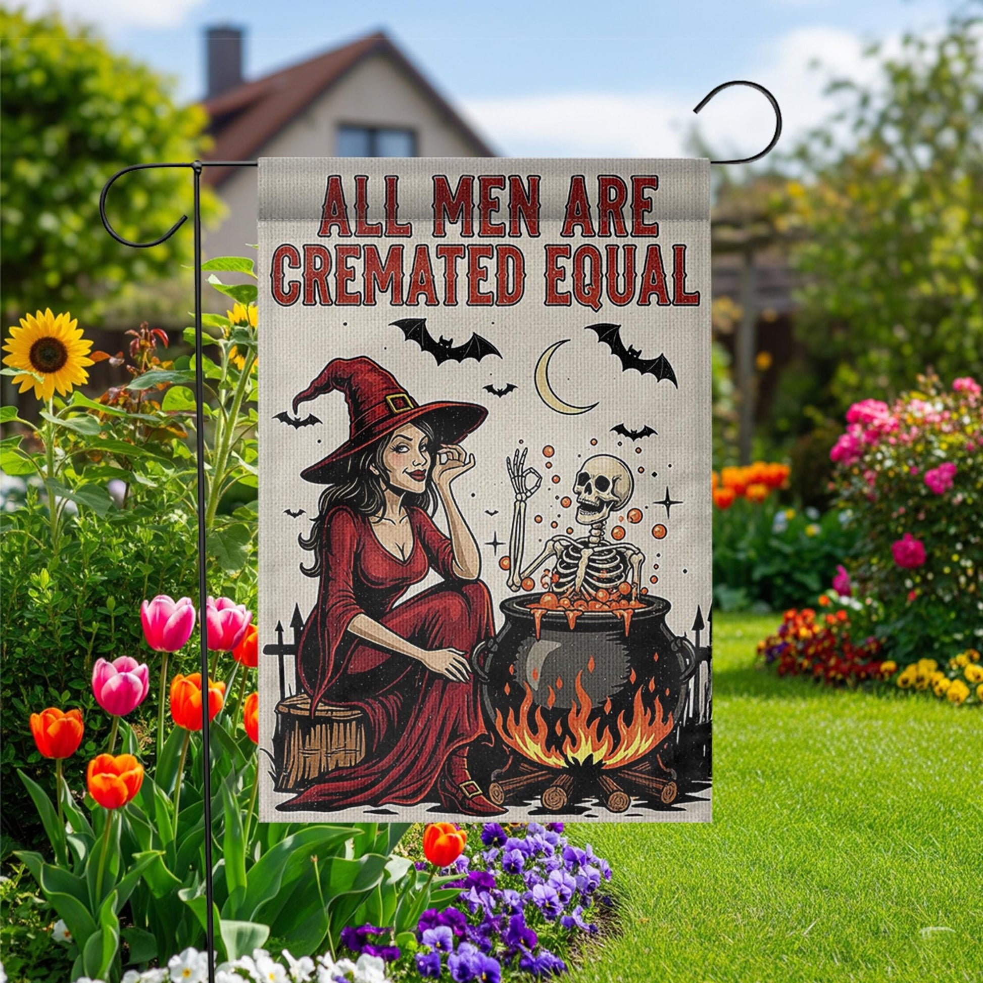 Funny Halloween Witch Garden Flag – All Men Are Cremated Equal, Spooky Skeleton Cauldron Outdoor Yard Decor, Dark Humor Fall Flag
