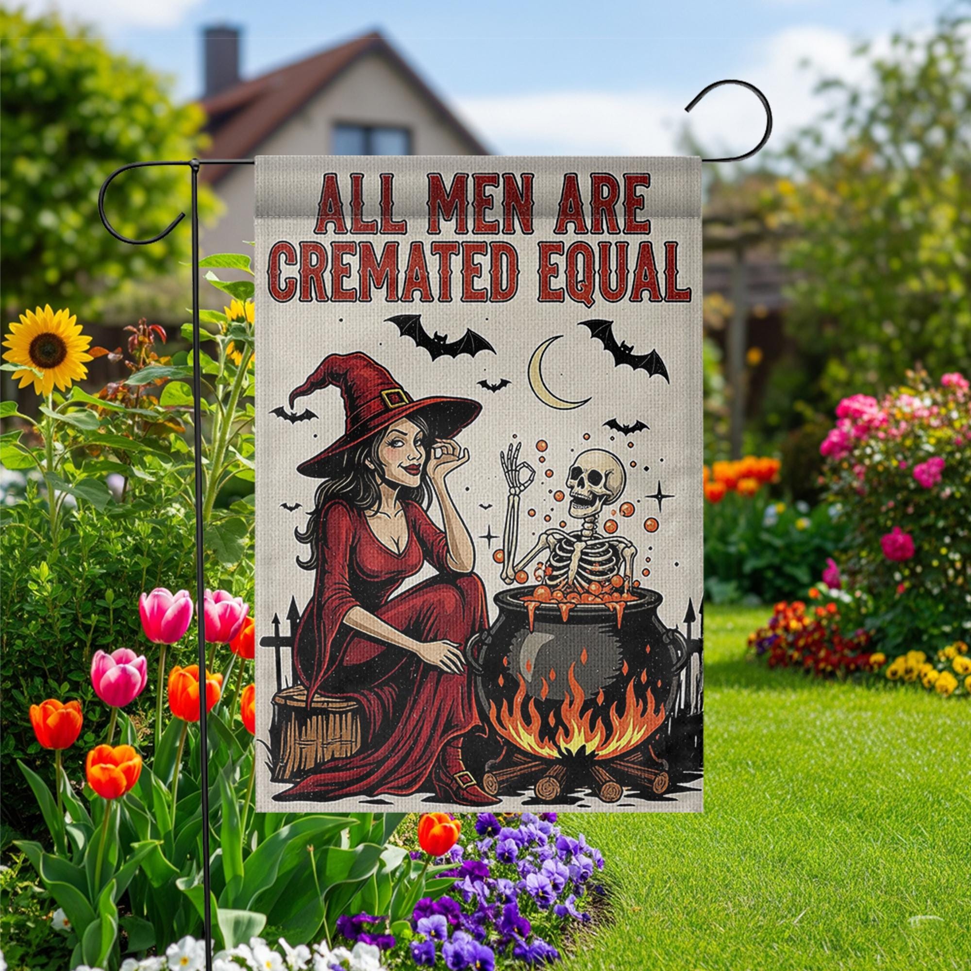 Funny Halloween Witch Garden Flag – All Men Are Cremated Equal, Spooky Skeleton Cauldron Outdoor Yard Decor, Dark Humor Fall Flag