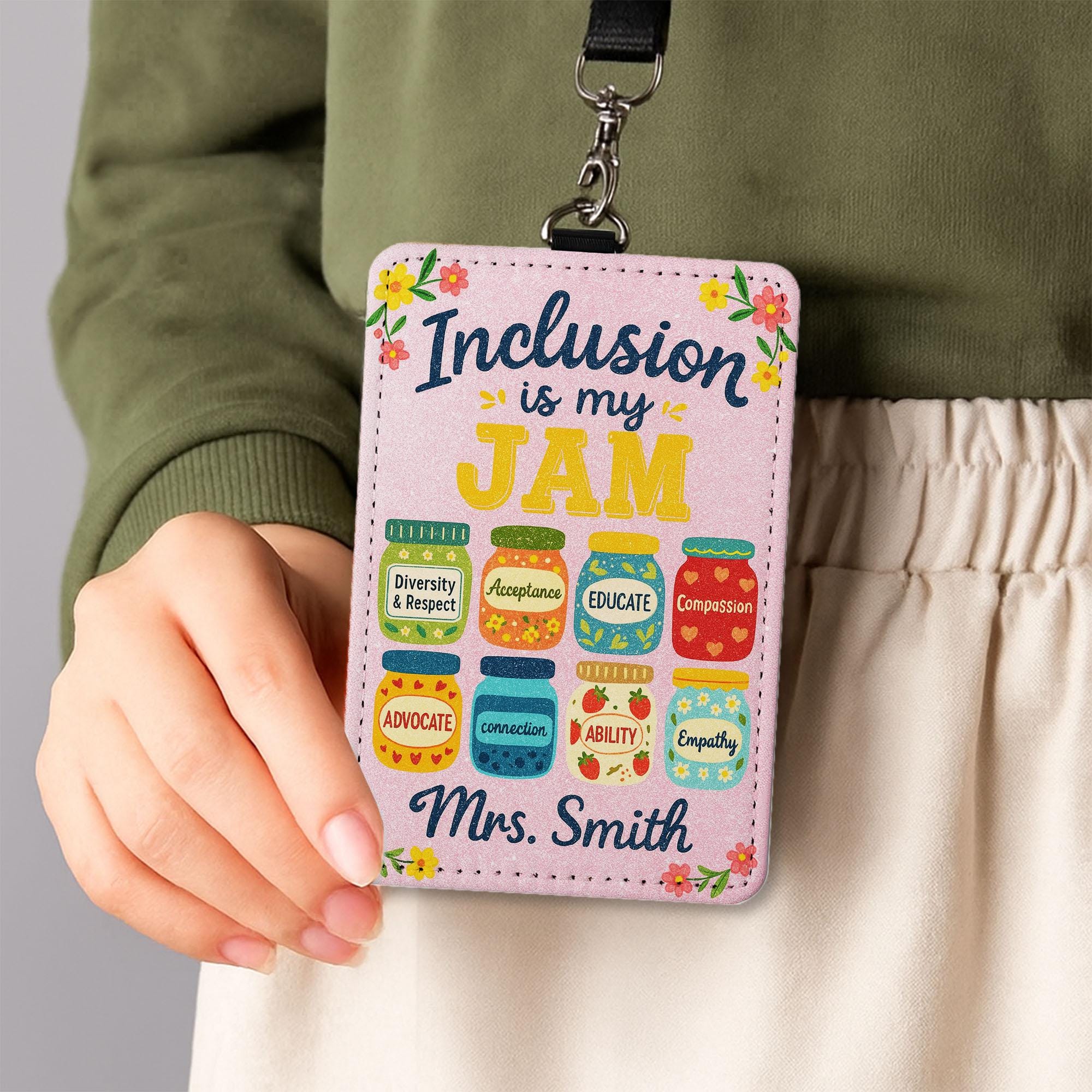 Inclusion Is My Jam Teacher Badge Holder – Custom Name ID Tag for Teachers, Educators – Diversity, Acceptance Themed Lanyard Gift