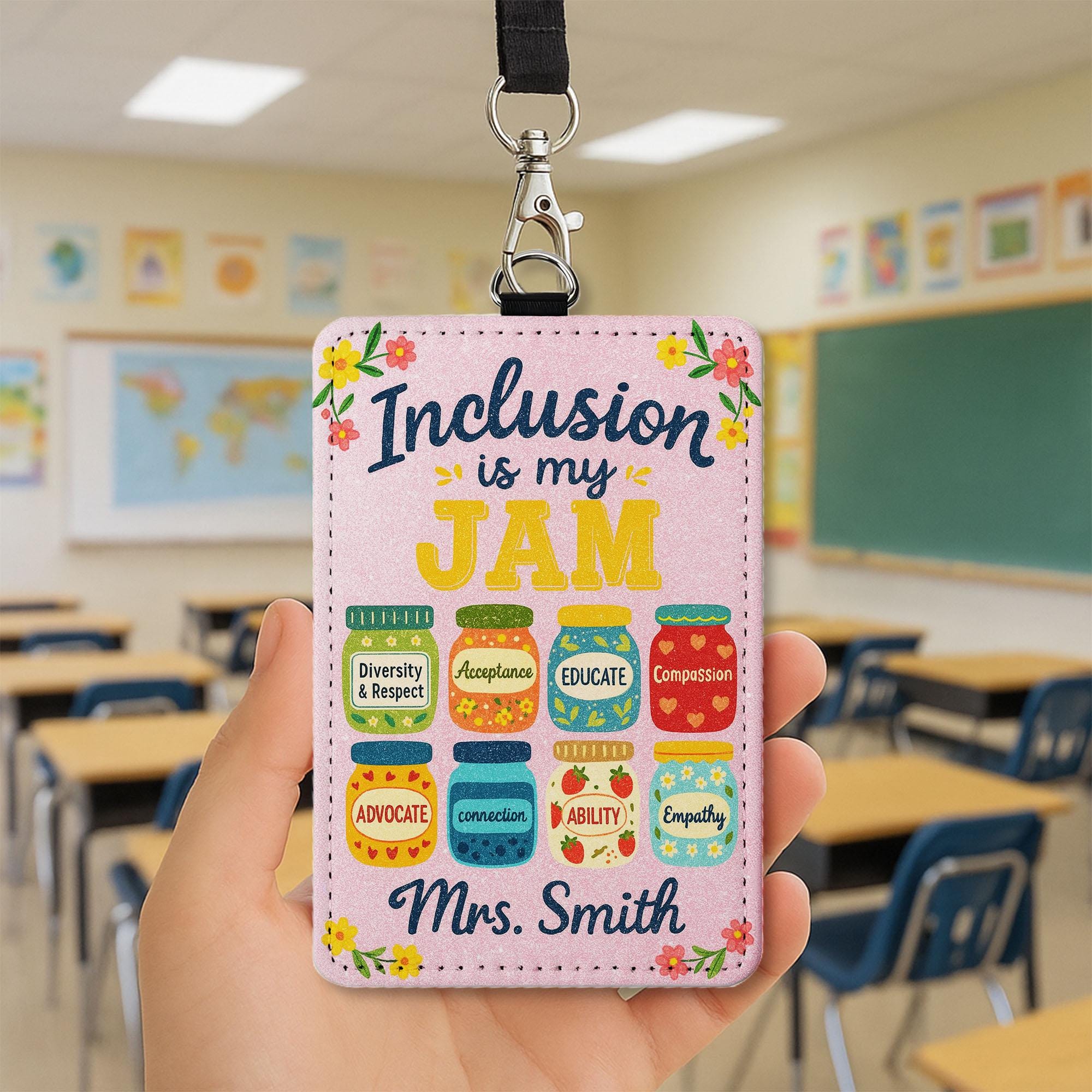 Inclusion Is My Jam Teacher Badge Holder – Custom Name ID Tag for Teachers, Educators – Diversity, Acceptance Themed Lanyard Gift