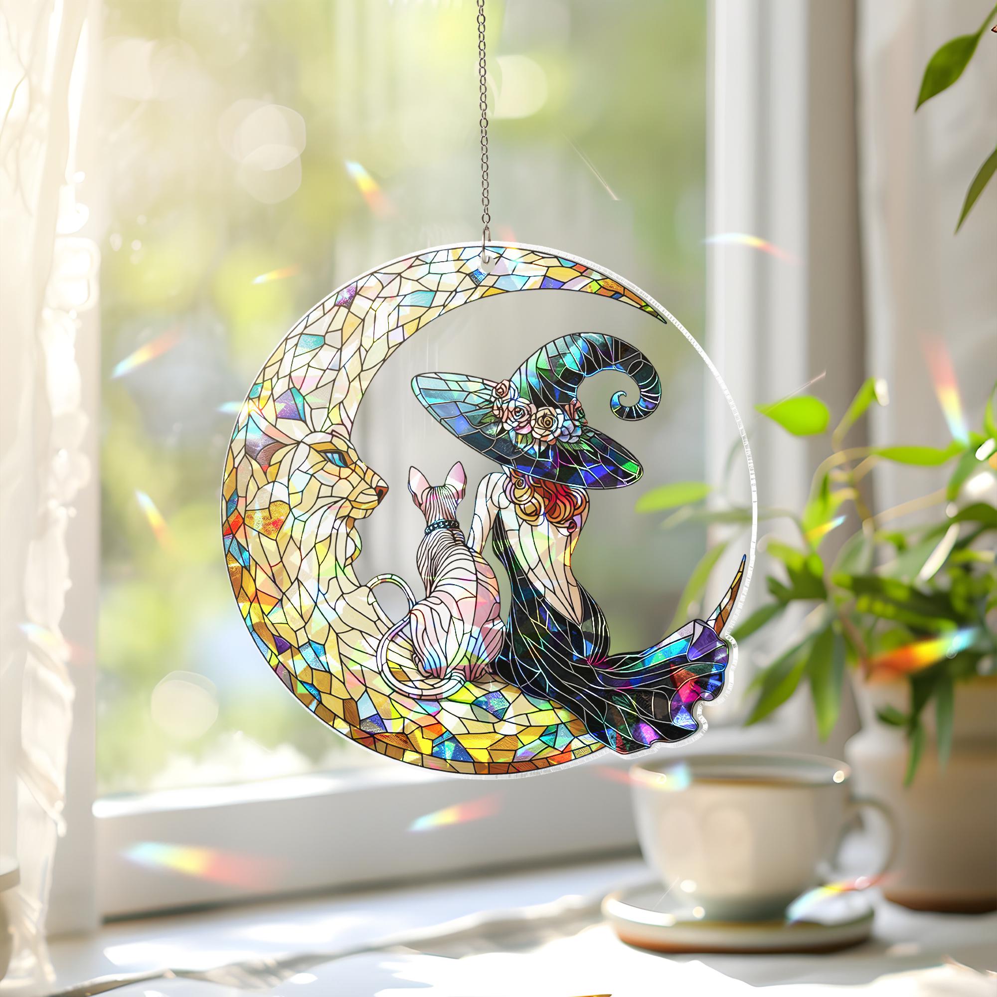 Holographic Witch Cat Suncatcher, Acrylic Moon Window Decor with witch & Sphynx, Style Gothic Halloween Sun Catcher