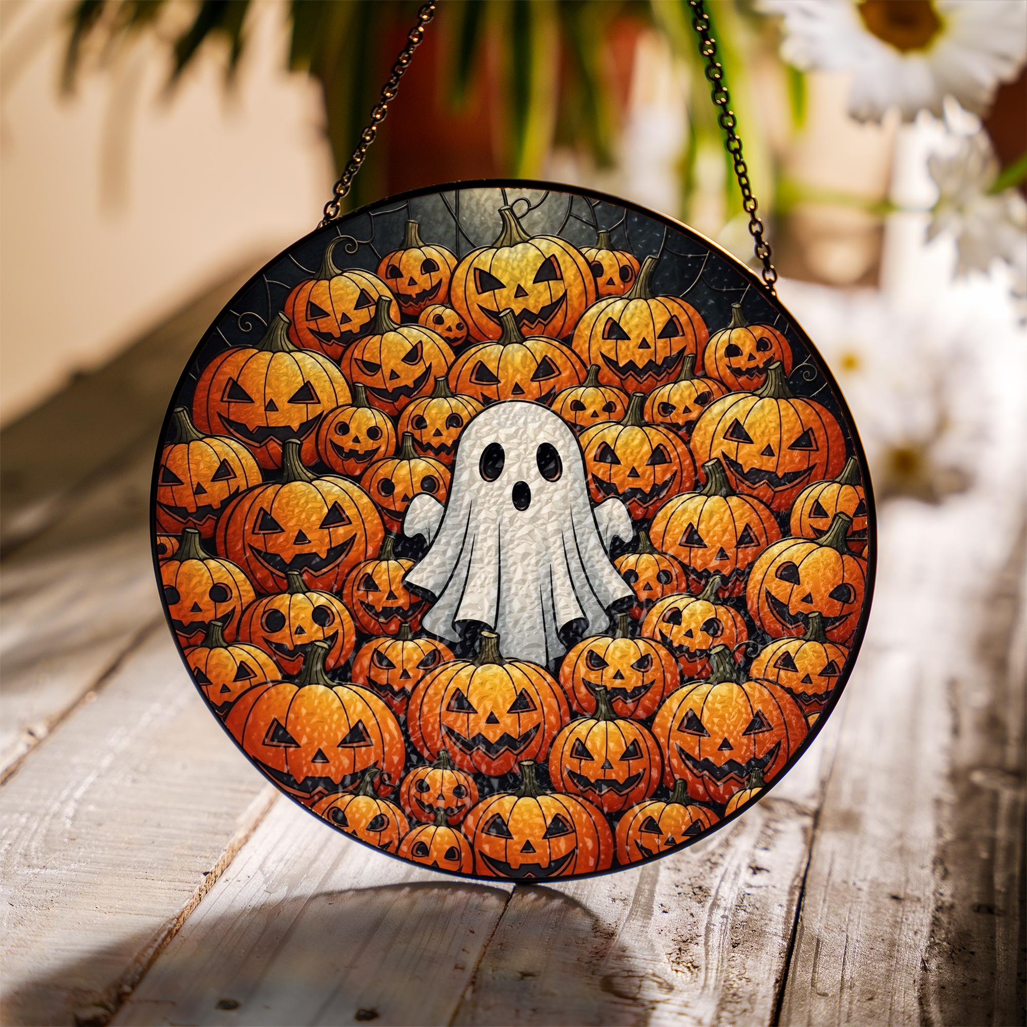 Adorable Ghost & Pumpkin Patch Stained Glass Suncatcher, Halloween Window Decor, Spooky Home Art, Cute Fall Gift