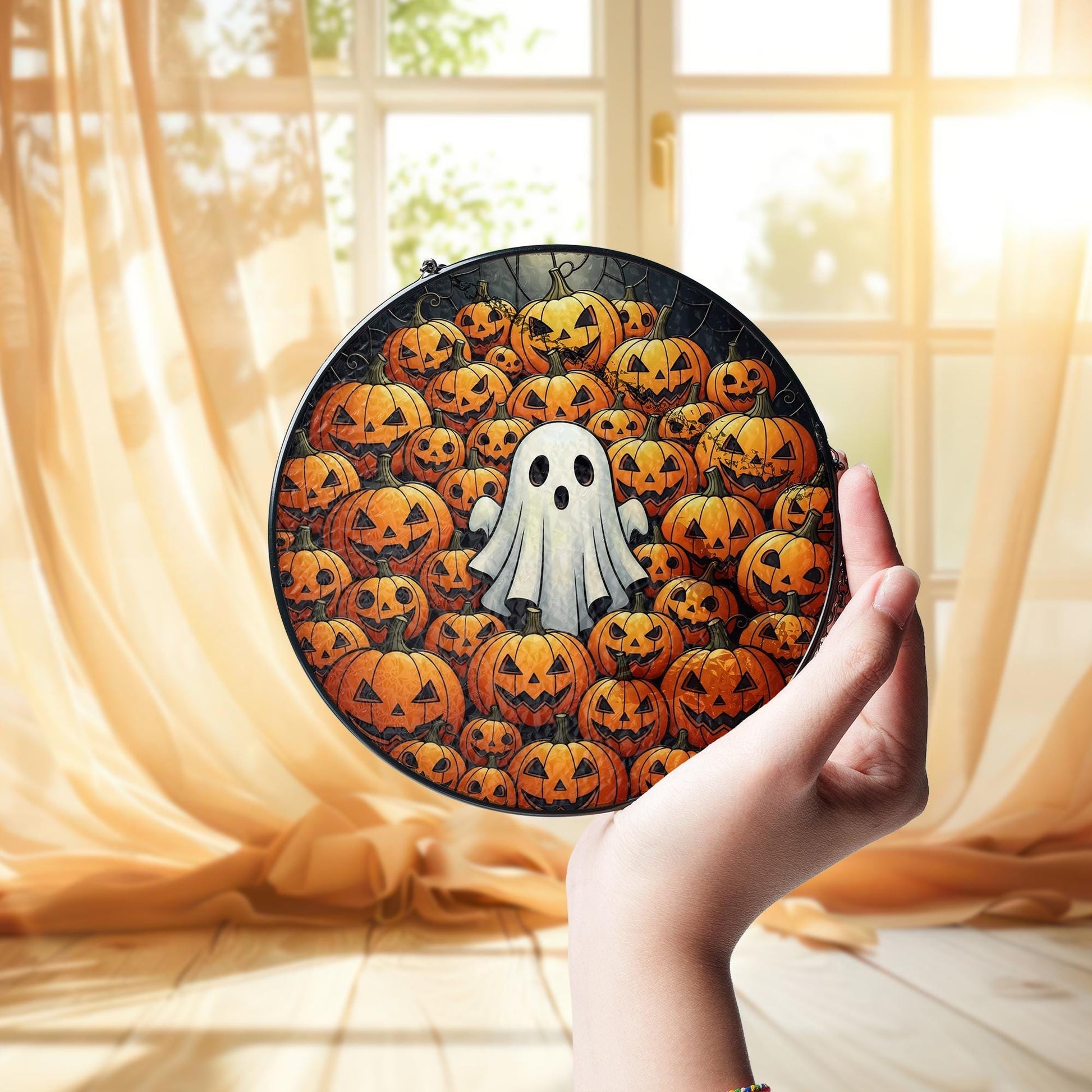 Adorable Ghost & Pumpkin Patch Stained Glass Suncatcher, Halloween Window Decor, Spooky Home Art, Cute Fall Gift