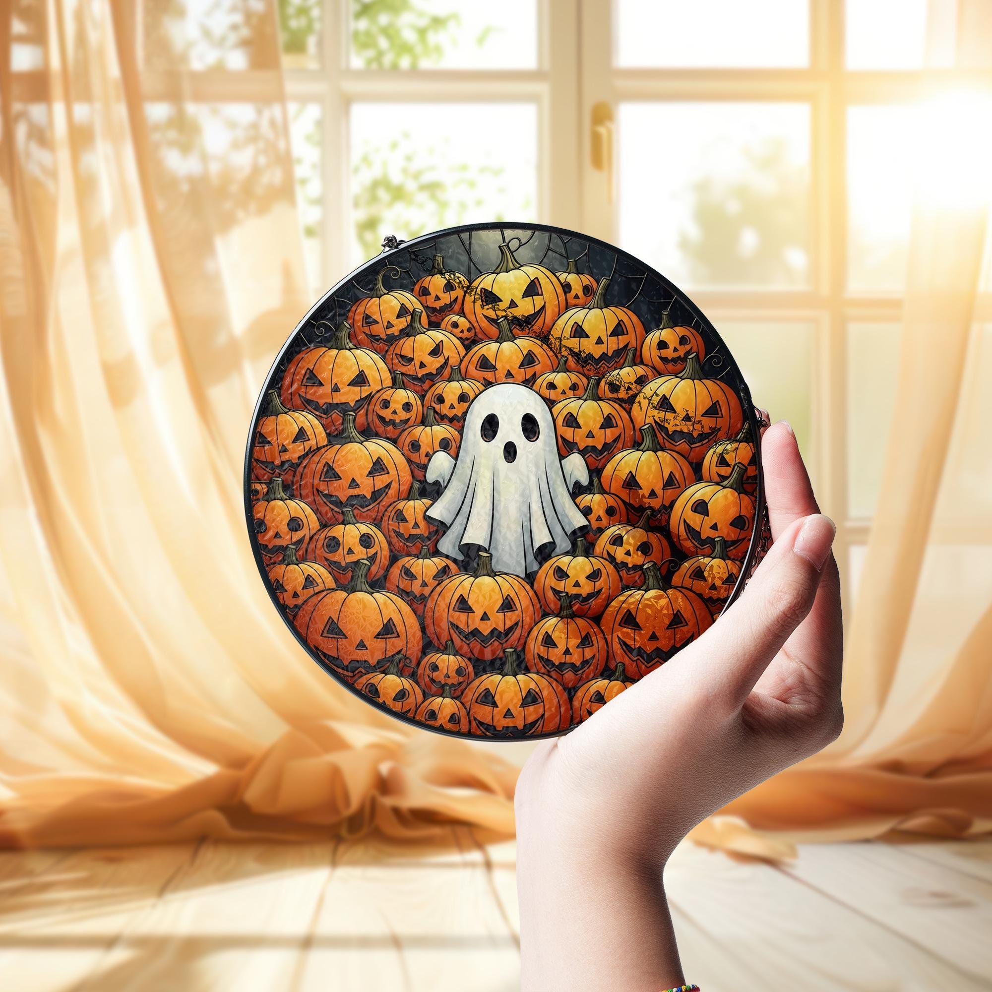 Adorable Ghost & Pumpkin Patch Stained Glass Suncatcher, Halloween Window Decor, Spooky Home Art, Cute Fall Gift