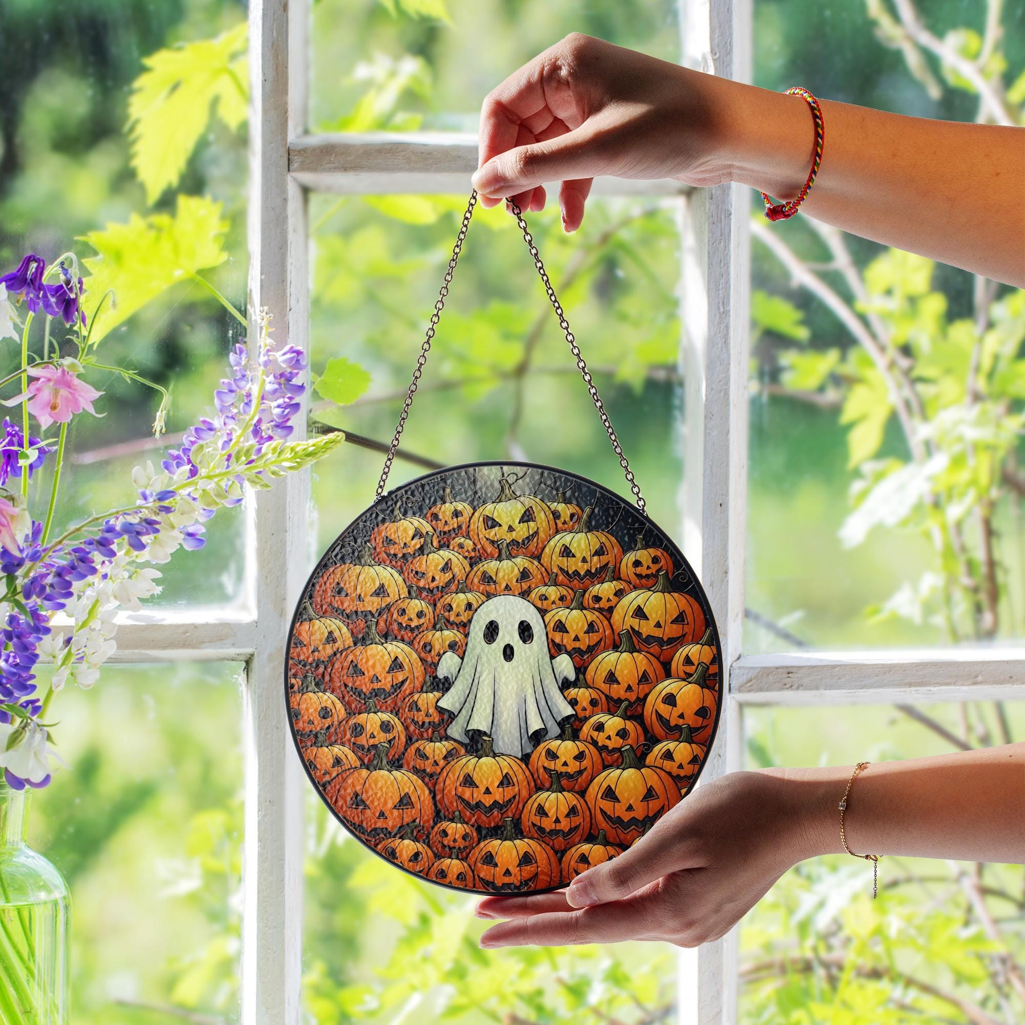 Adorable Ghost & Pumpkin Patch Stained Glass Suncatcher, Halloween Window Decor, Spooky Home Art, Cute Fall Gift